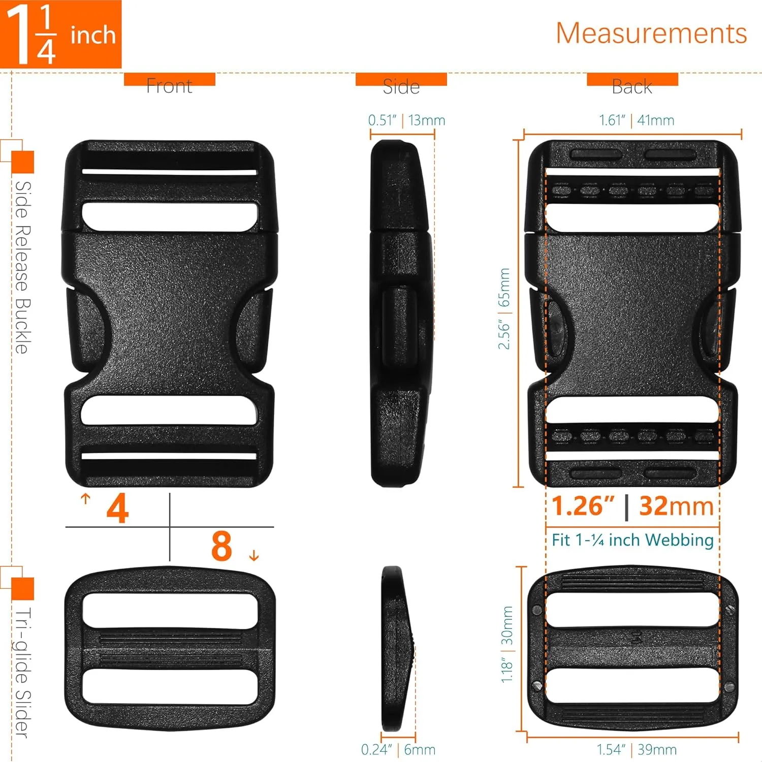 1-1/4" Straps and Buckles Set: 6 yard Nylon Webbing 1.25 inch (32 mm) Wide, 4 pack Side Release Buckle, 8 pcs Tri-Glide Sliders, Plastic Clip Fastener Replacement Heavy Duty Dual Adjustable No Sew