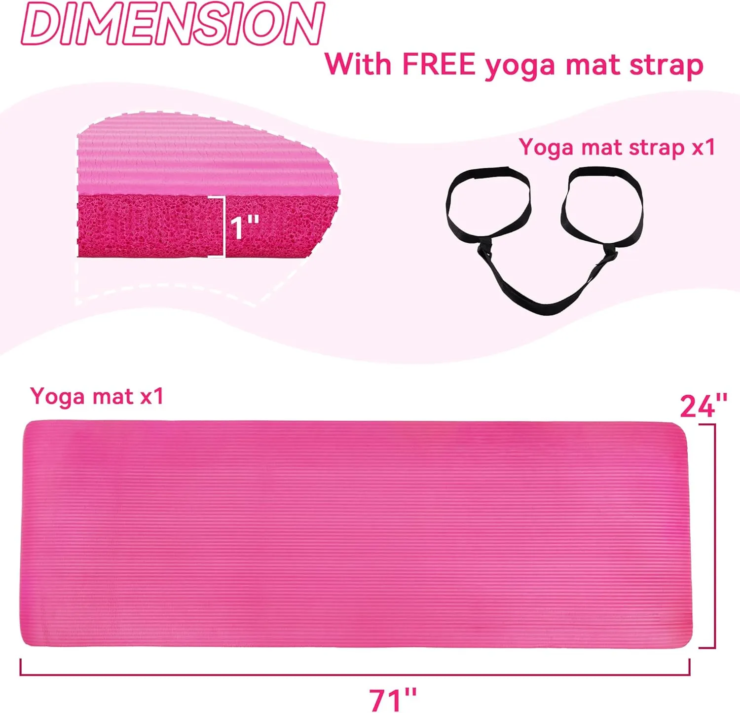 1 Inch Yoga Mat Thick Exercise Workout Mat with Extra Carry Strap Non-slip Fitness Mat Gym Pilates Mat for Stretching & Floor Home Workout Outdoor Training