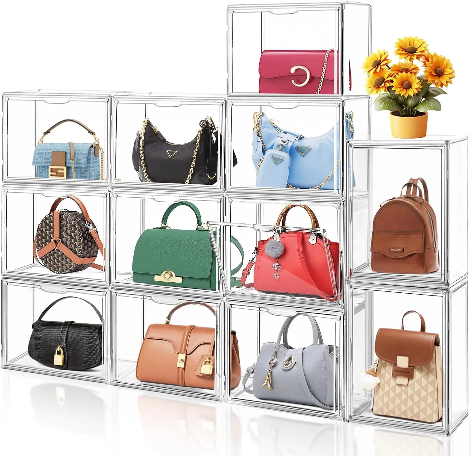 10Pack Clear Stackable Plastic Storage Bins with Magnetic Lid, Acrylic Shoe Display Case for Book Cosmetic Figures Collectibles Showcase, Shoe Box Handbag Organizer