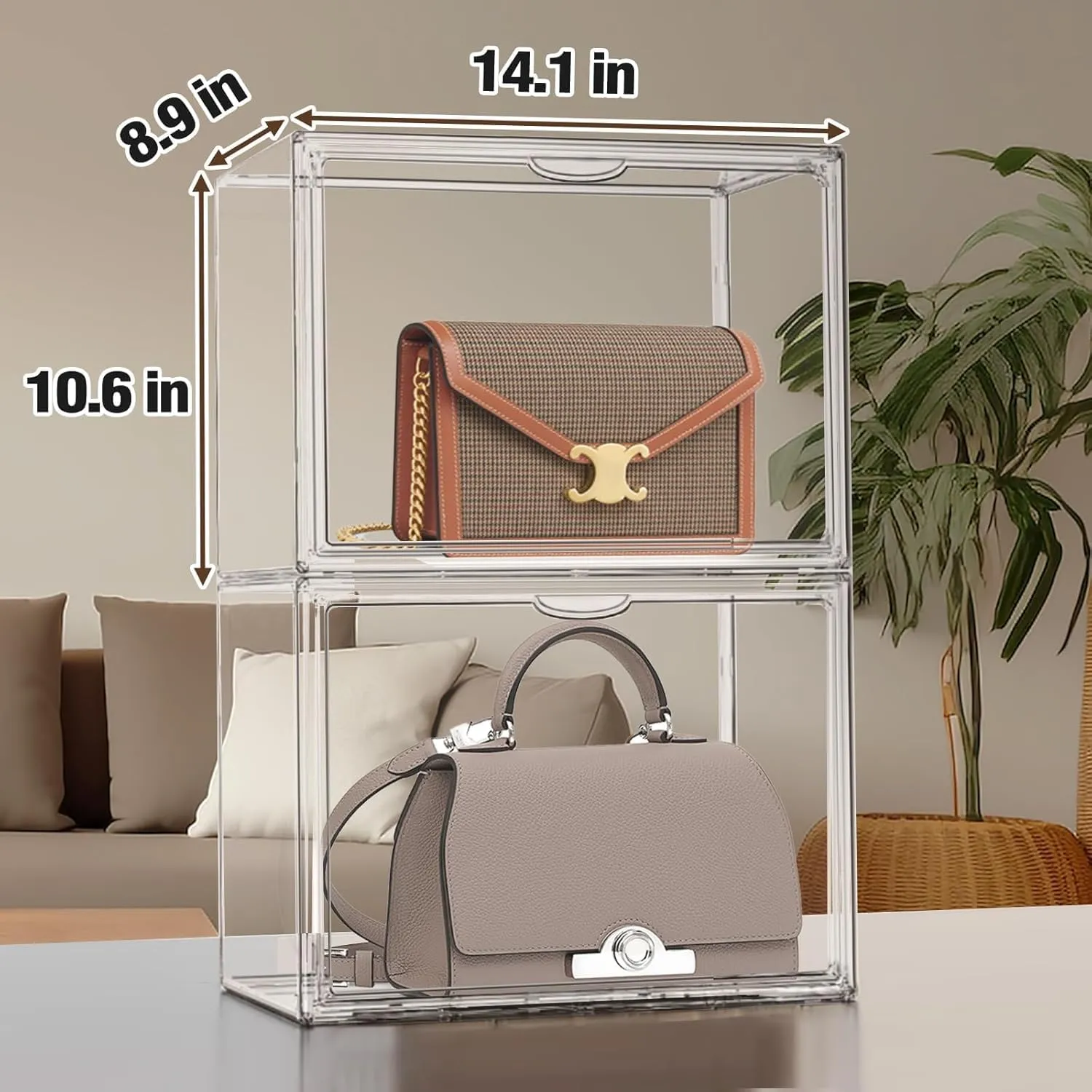 10Pack Clear Stackable Plastic Storage Bins with Magnetic Lid, Acrylic Shoe Display Case for Book Cosmetic Figures Collectibles Showcase, Shoe Box Handbag Organizer