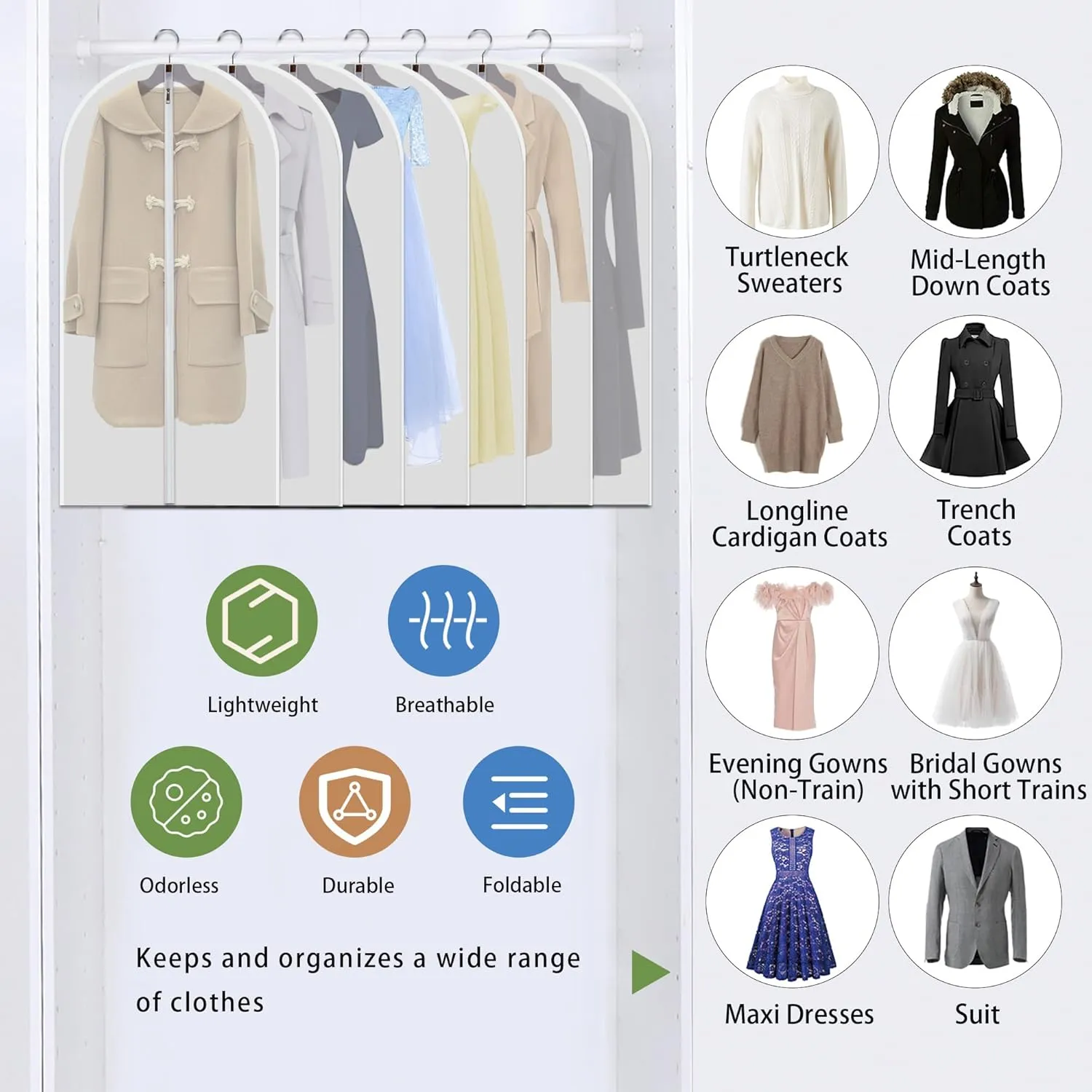 12-Pack Clear Garment Bags 48" - Dustproof Clothes Storage Covers with Full Zipper | Extra Long Hanging Organizers for Suits, Dresses, Seasonal Wardrobe & Travel Protection
