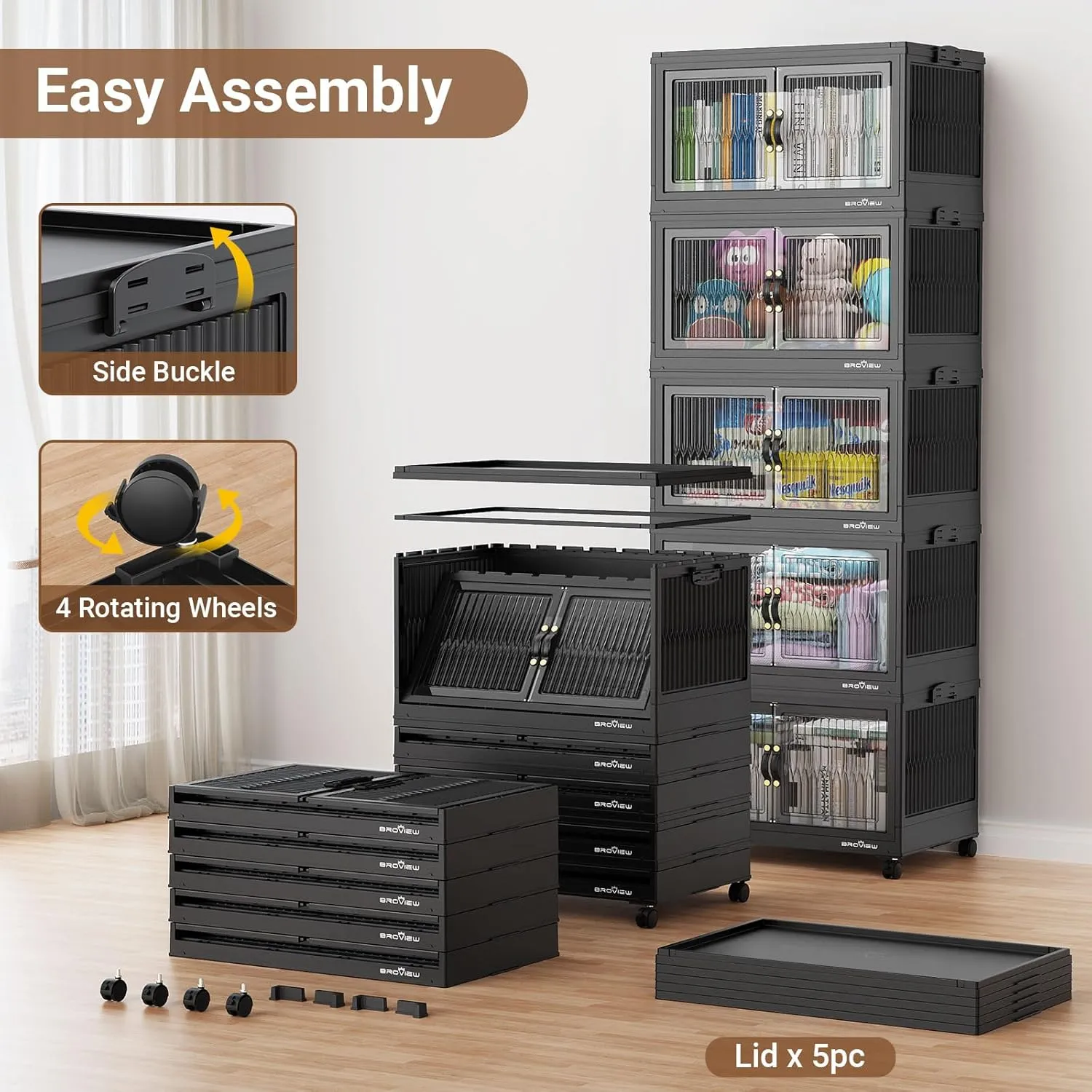 120 Qt Stackable Storage Bins with Lids, Closet Organizer and Storage Drawer, Collapsible Storage Box with Wheels, Plastic Clothes Storage Cabinet Containers for Home Organization, 4Pack Black
