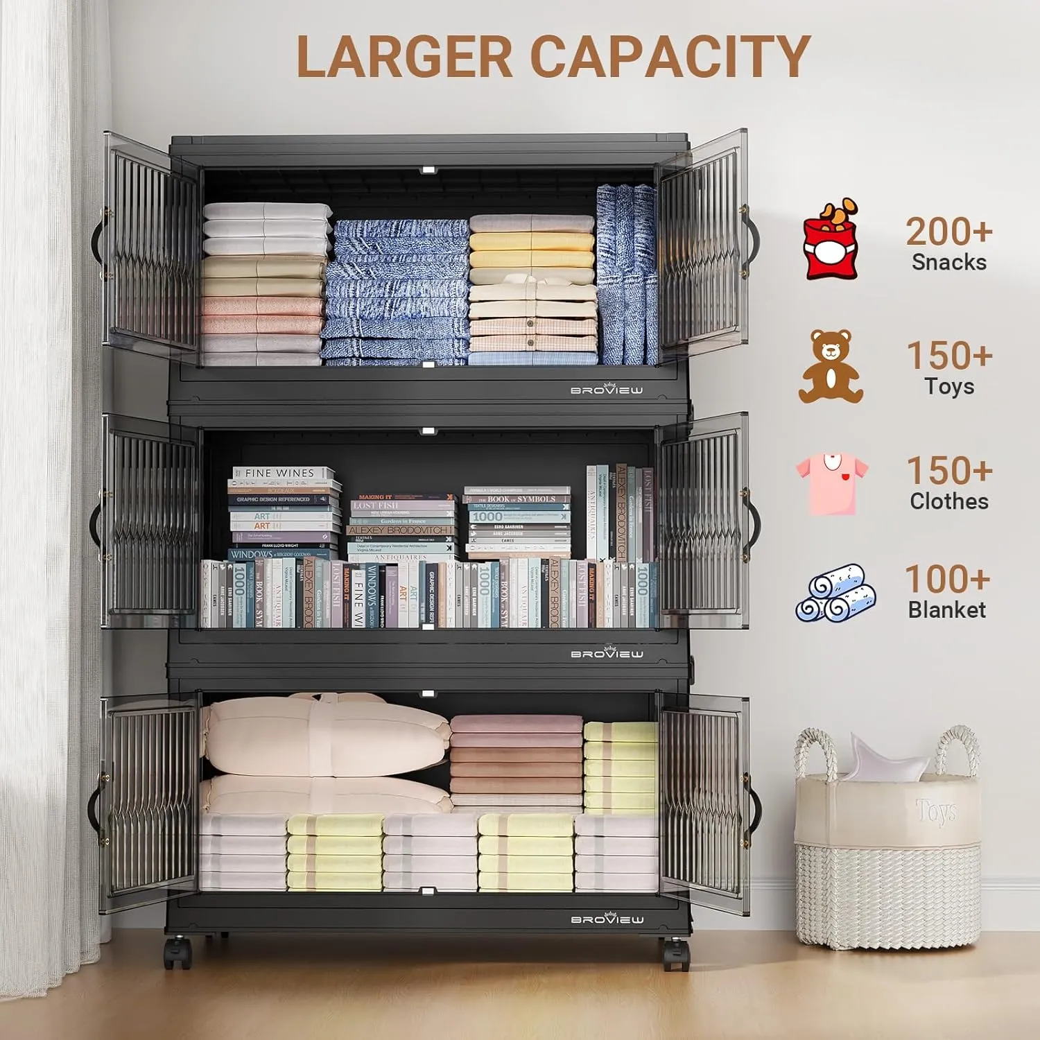 120 Qt Stackable Storage Bins with Lids, Closet Organizer and Storage Drawer, Collapsible Storage Box with Wheels, Plastic Clothes Storage Cabinet Containers for Home Organization, 4Pack Black