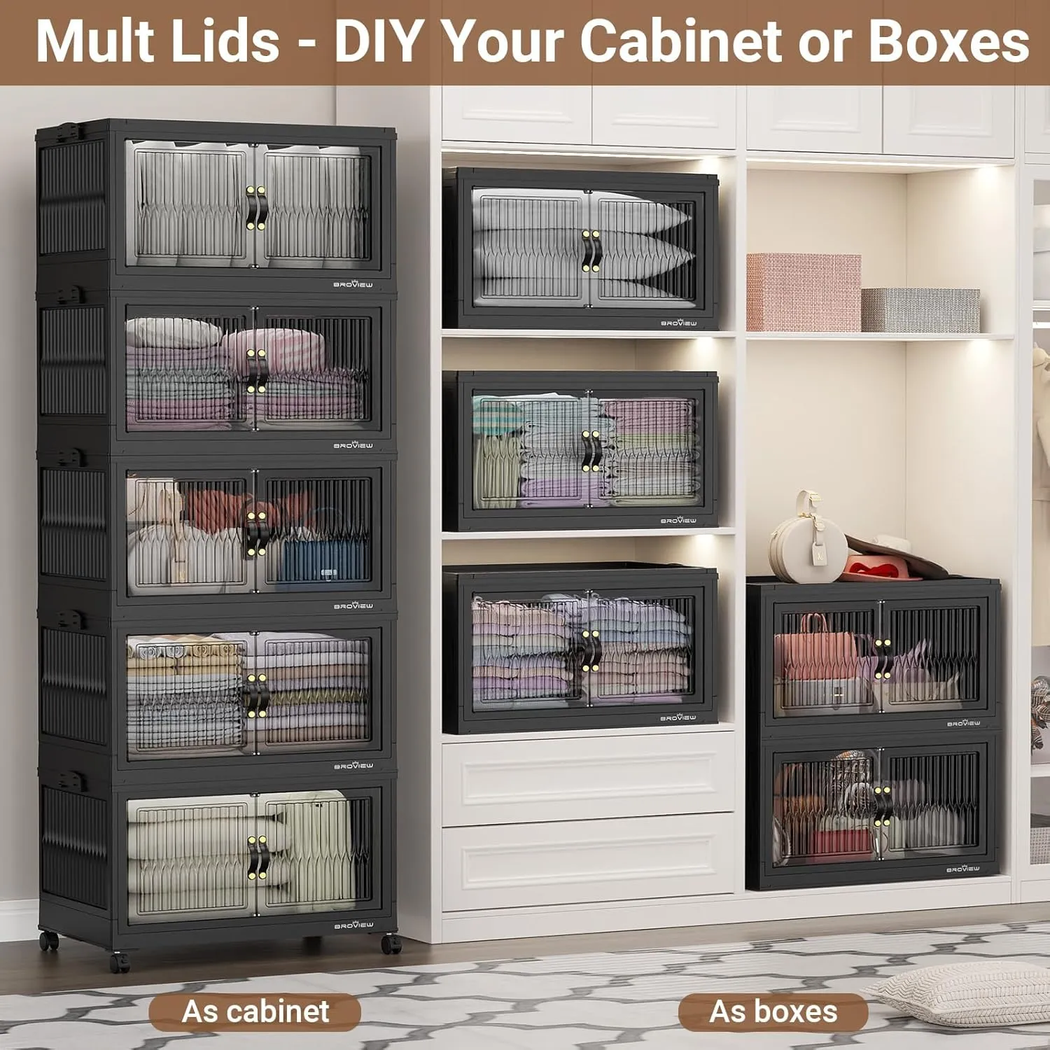 120 Qt Stackable Storage Bins with Lids, Closet Organizer and Storage Drawer, Collapsible Storage Box with Wheels, Plastic Clothes Storage Cabinet Containers for Home Organization, 4Pack Black