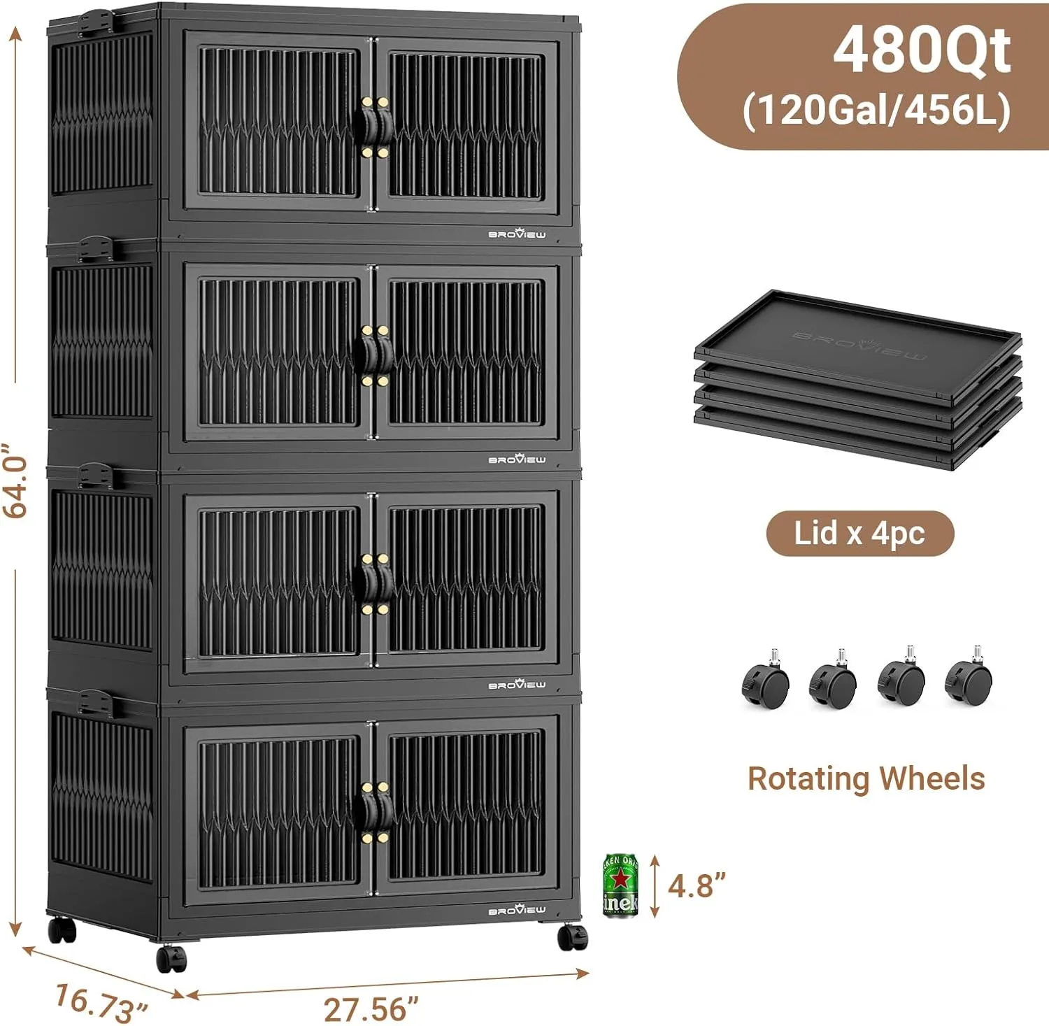 120 Qt Stackable Storage Bins with Lids, Closet Organizer and Storage Drawer, Collapsible Storage Box with Wheels, Plastic Clothes Storage Cabinet Containers for Home Organization, 4Pack Black