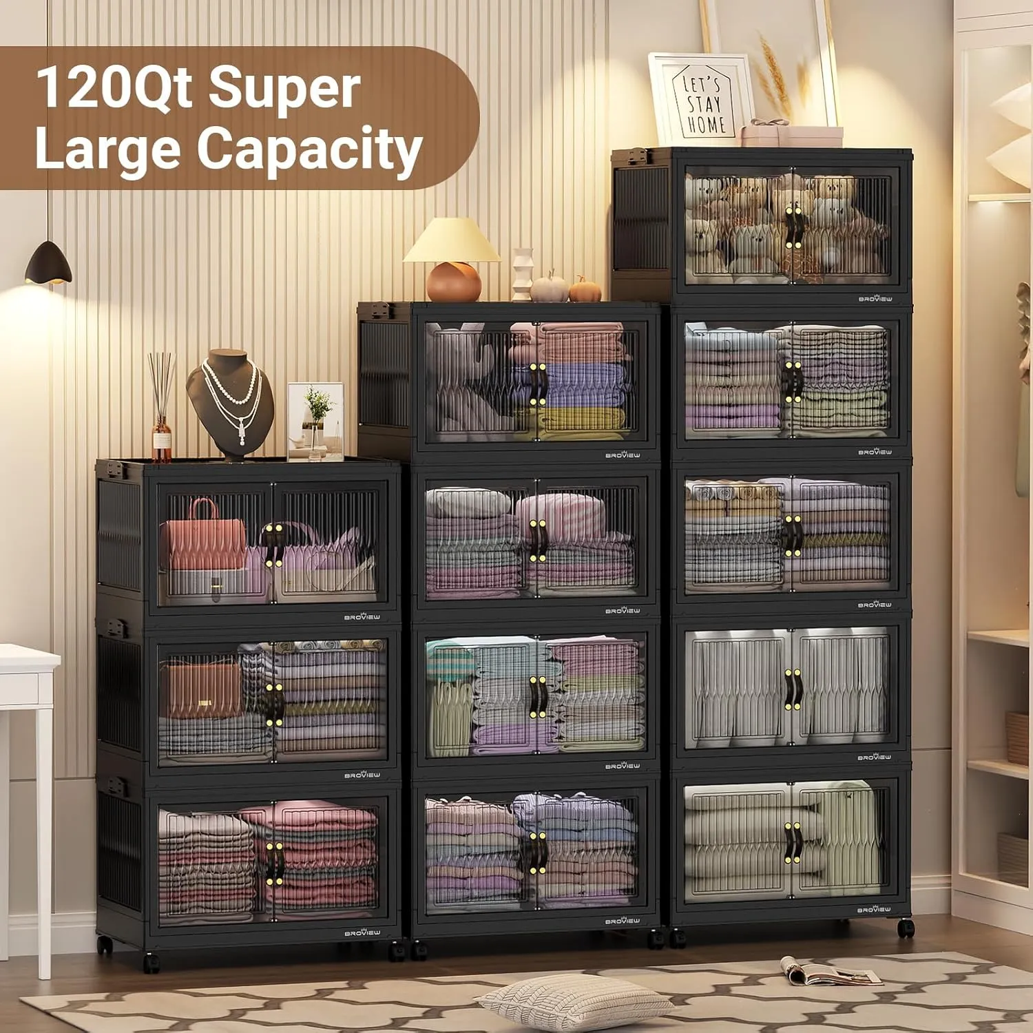 120 Qt Stackable Storage Bins with Lids, Closet Organizer and Storage Drawer, Collapsible Storage Box with Wheels, Plastic Clothes Storage Cabinet Containers for Home Organization, 4Pack Black