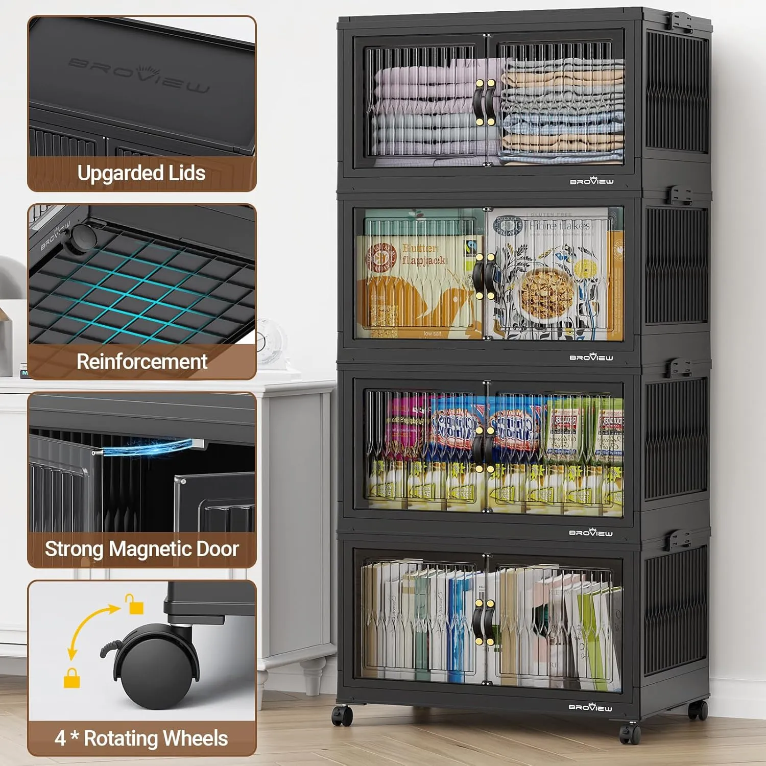 120 Qt Stackable Storage Bins with Lids, Closet Organizer and Storage Drawer, Collapsible Storage Box with Wheels, Plastic Clothes Storage Cabinet Containers for Home Organization, 4Pack Black