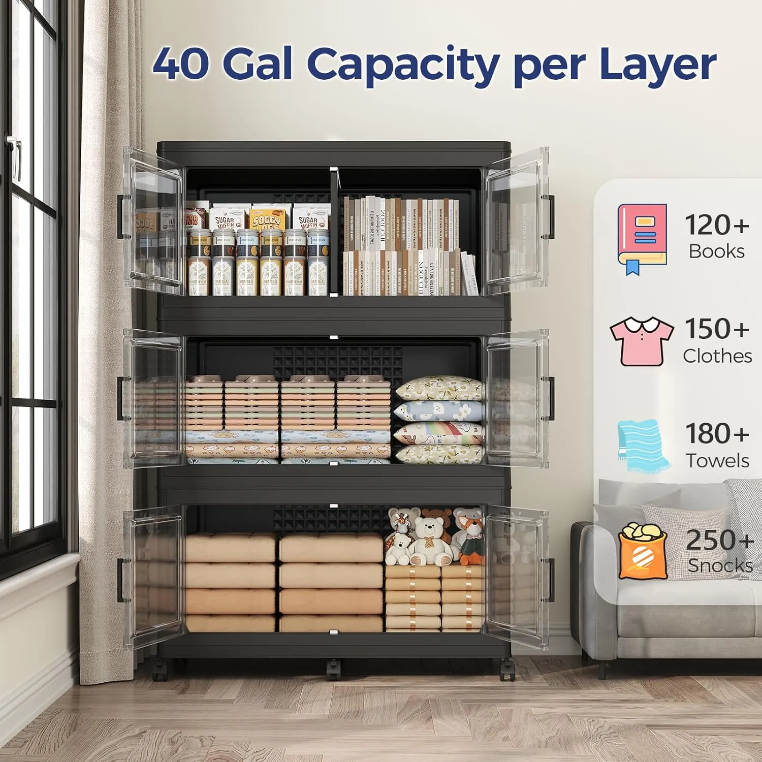 120GAL Extra Large Storage Bins with Lid, 480Qt Stackable Closet Organizers and Drawers, Collapsible Storage Bins with Wheels, Folding Storages Cabinet for Home Bedroom Office, 3Pack