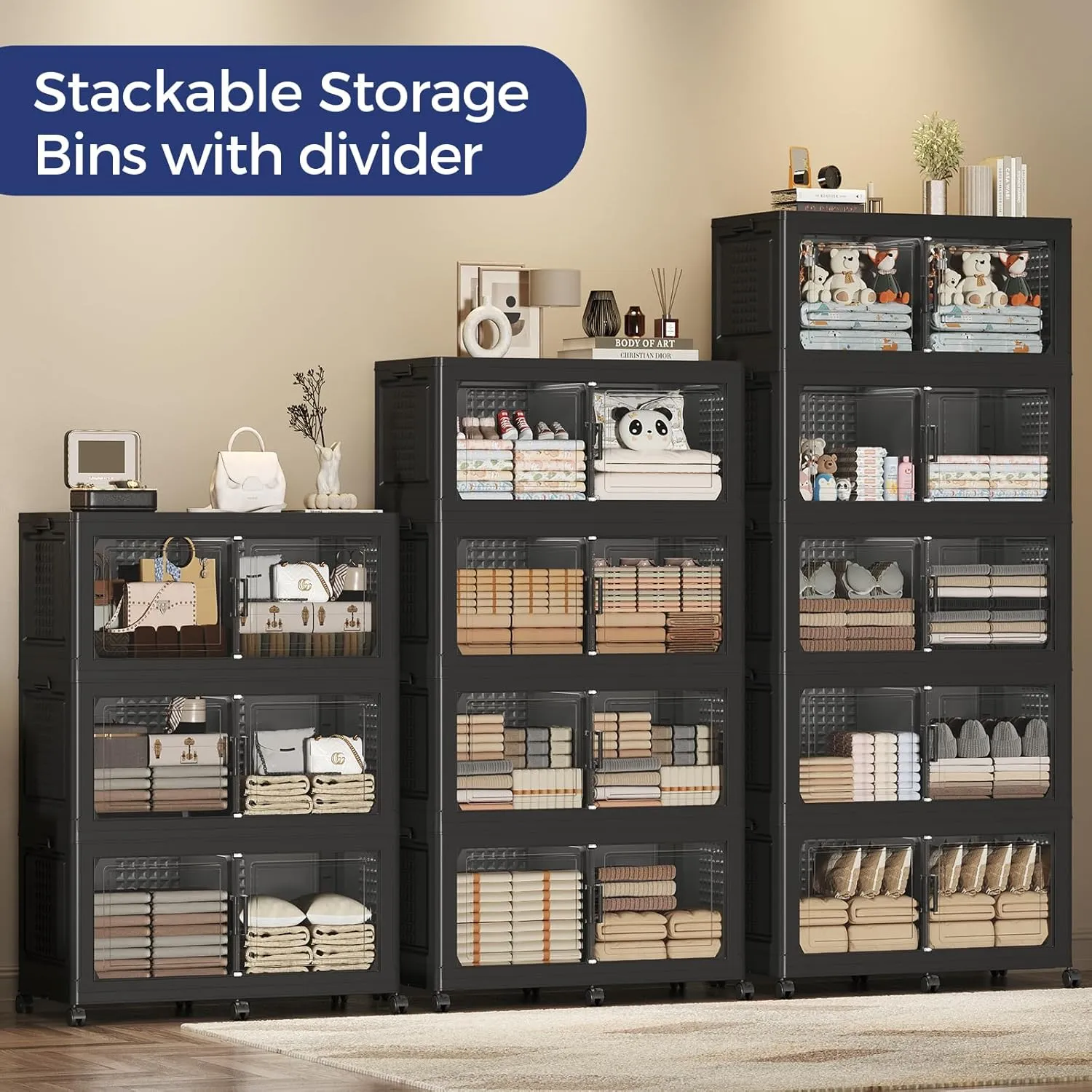 120GAL Extra Large Storage Bins with Lid, 480Qt Stackable Closet Organizers and Drawers, Collapsible Storage Bins with Wheels, Folding Storages Cabinet for Home Bedroom Office, 3Pack