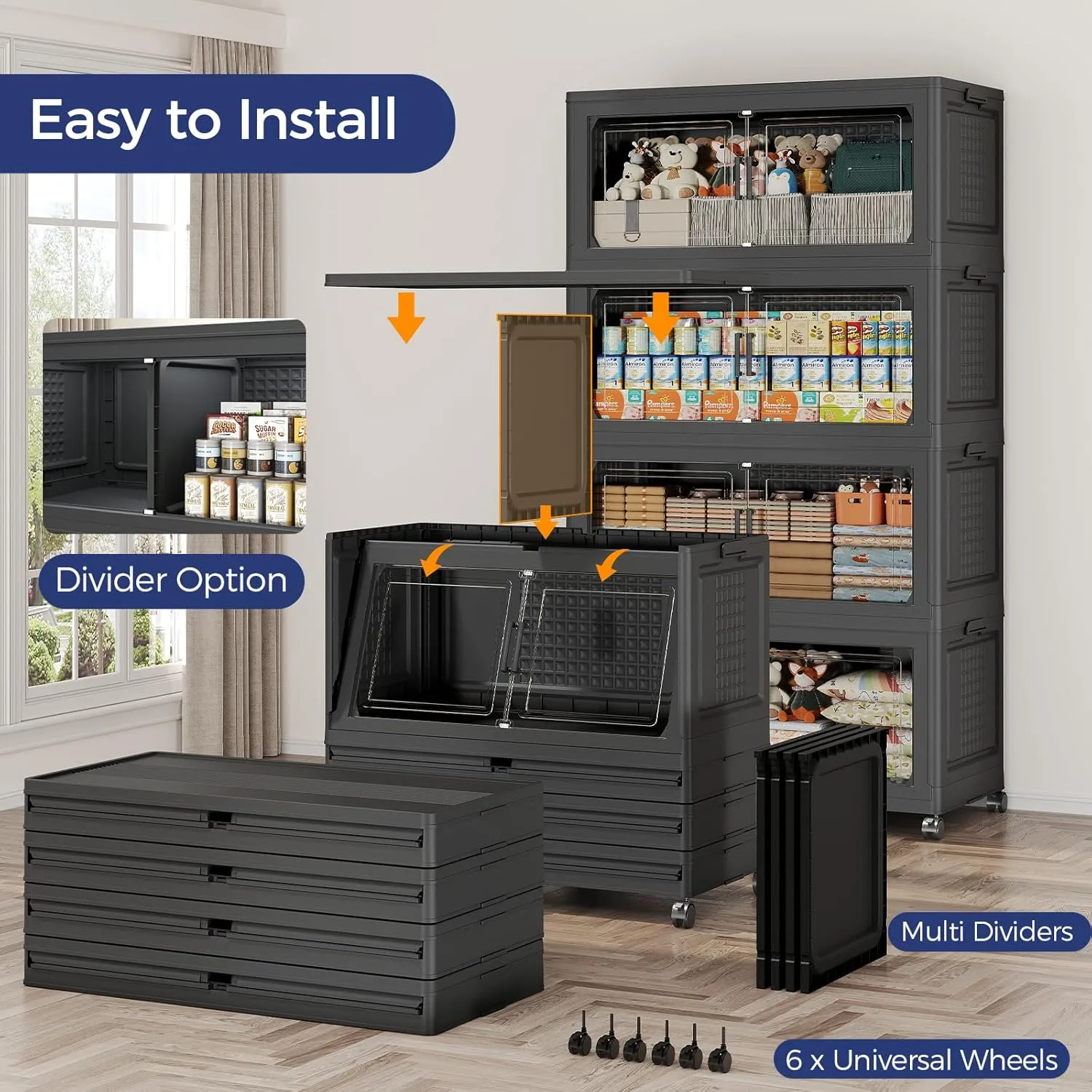 120GAL Extra Large Storage Bins with Lid, 480Qt Stackable Closet Organizers and Drawers, Collapsible Storage Bins with Wheels, Folding Storages Cabinet for Home Bedroom Office, 3Pack