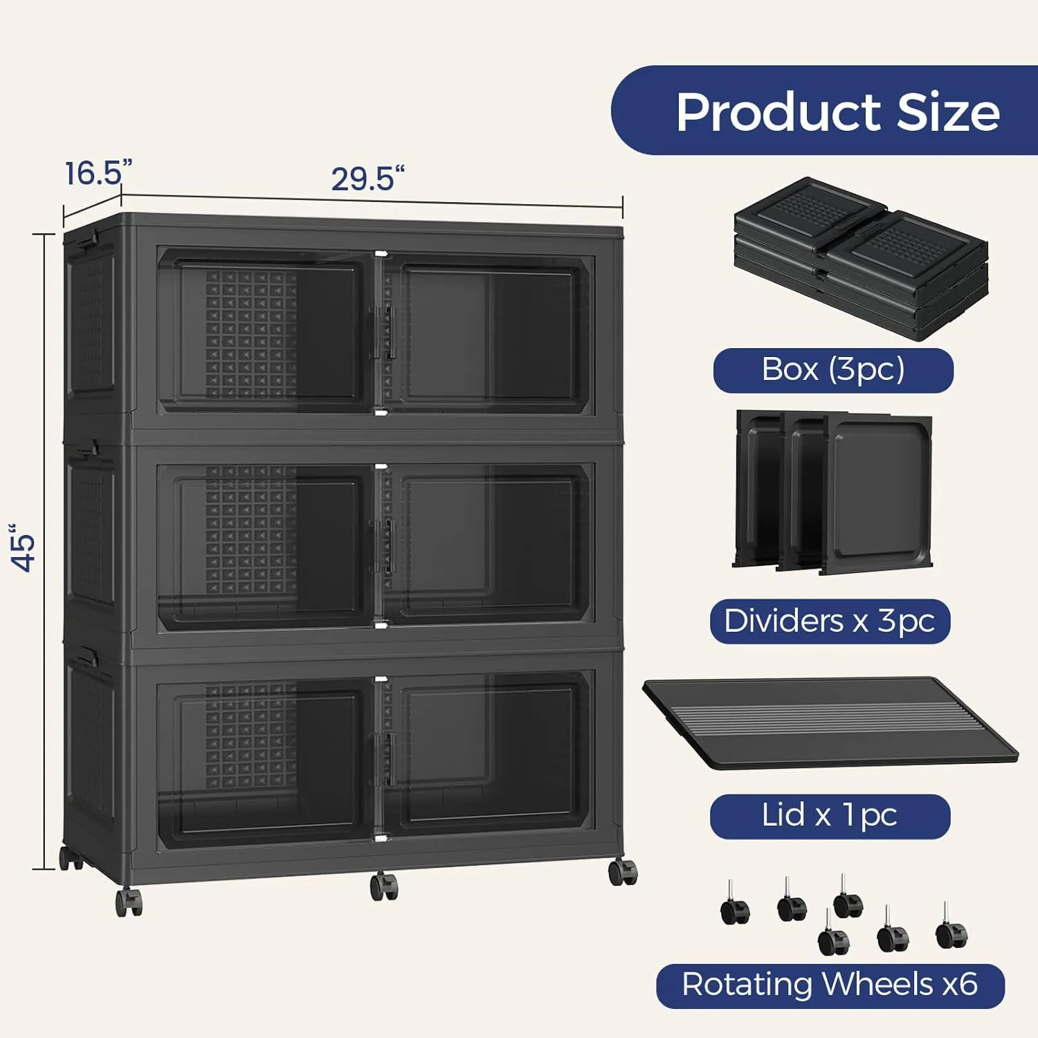 120GAL Extra Large Storage Bins with Lid, 480Qt Stackable Closet Organizers and Drawers, Collapsible Storage Bins with Wheels, Folding Storages Cabinet for Home Bedroom Office, 3Pack