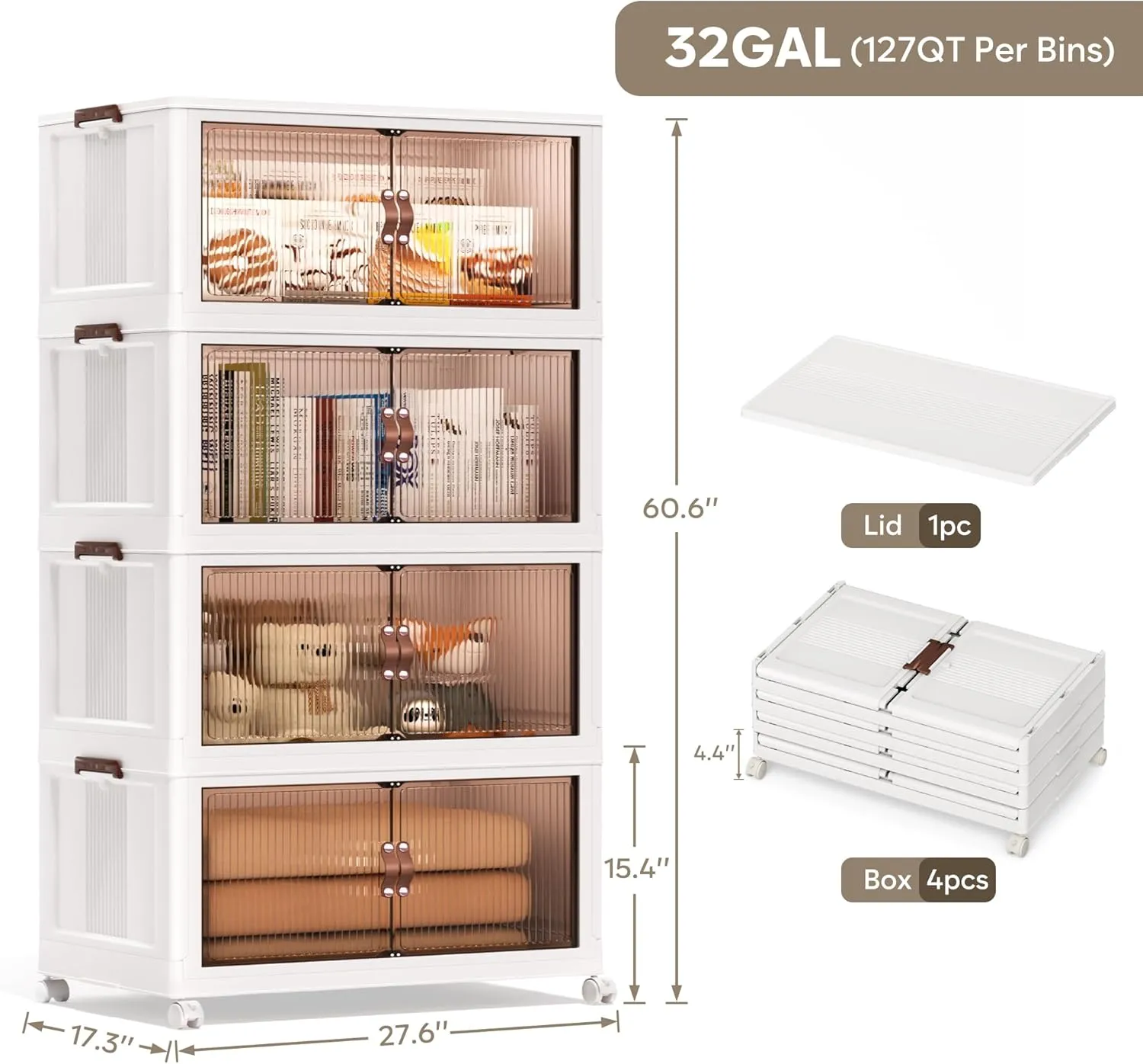 120Gal Large Storage Bins with lids, 480QT Plastic Stackable Storage Containers with Wheels, Collapsible Closet Organizer and Storage Drawers,Clothes Organization for Cabinet Home, 4Pack White