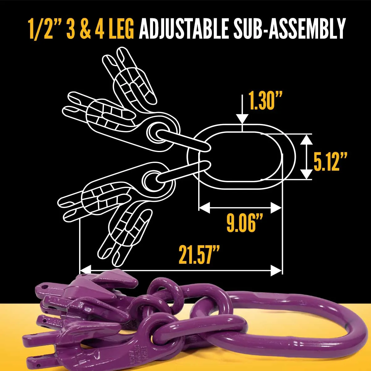 1/2" x 5' - Adjustable 4 Leg Chain Sling w/ Foundry Hooks - Grade 100