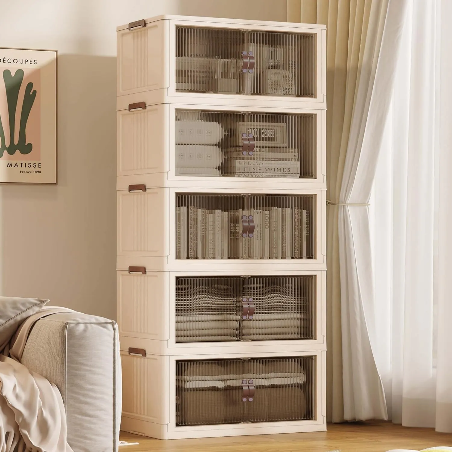 136Gal/543Qt Stackable Storage Bins Folding Collapsible Storage Bins with Lid, Closet Organizers and Storage, Storage Box with Door Beige 26" W x 17" D x 71" H