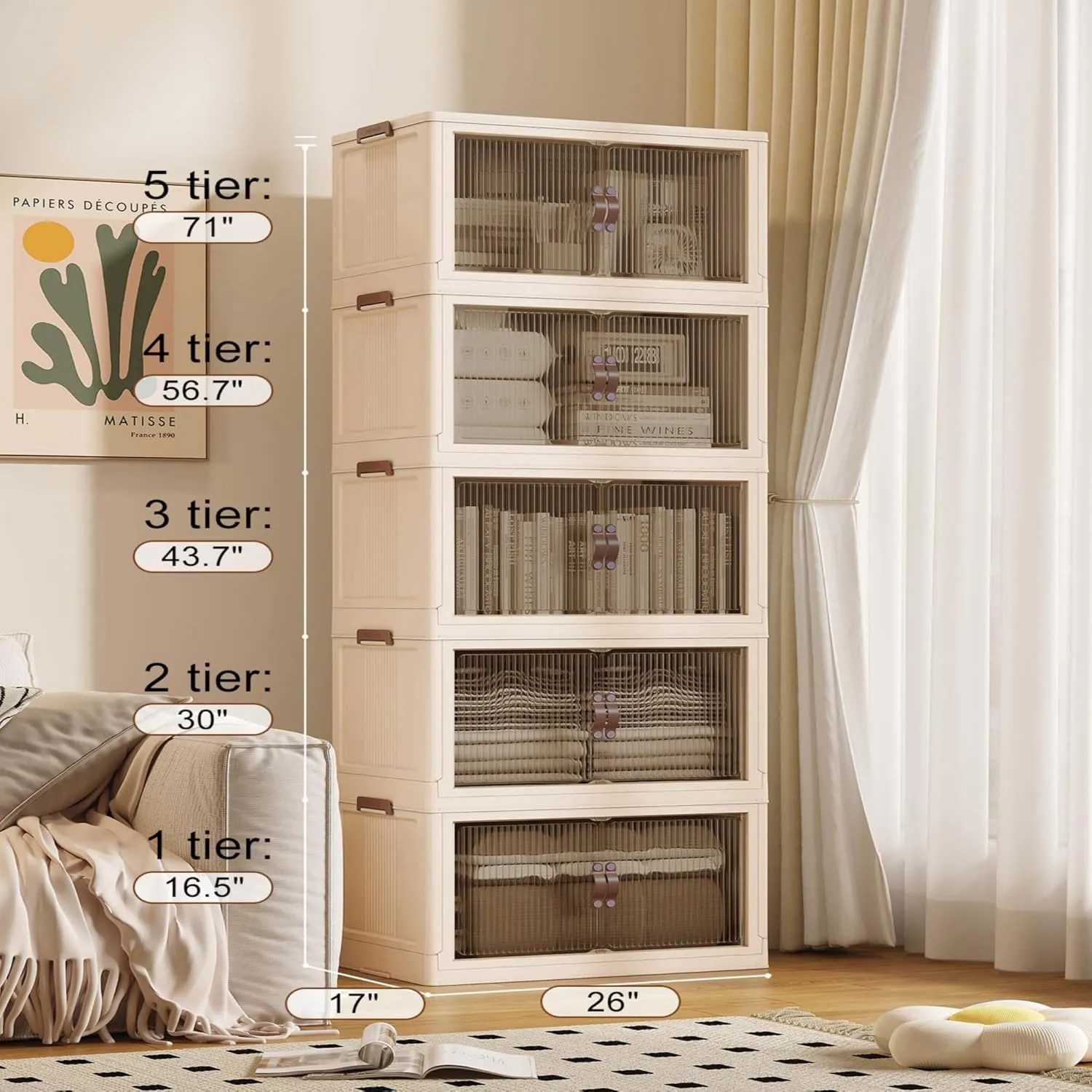 136Gal/543Qt Stackable Storage Bins Folding Collapsible Storage Bins with Lid, Closet Organizers and Storage, Storage Box with Door Beige 26" W x 17" D x 71" H