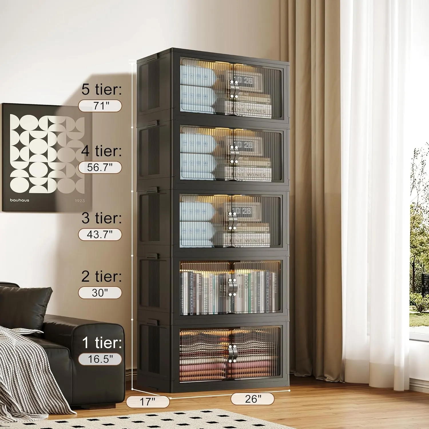 136Gal/543Qt Stackable Storage Bins Folding Collapsible Storage Bins with Lid, Closet Organizers and Storage, Storage Box with Door Black 26" W x 17" D x 71" H