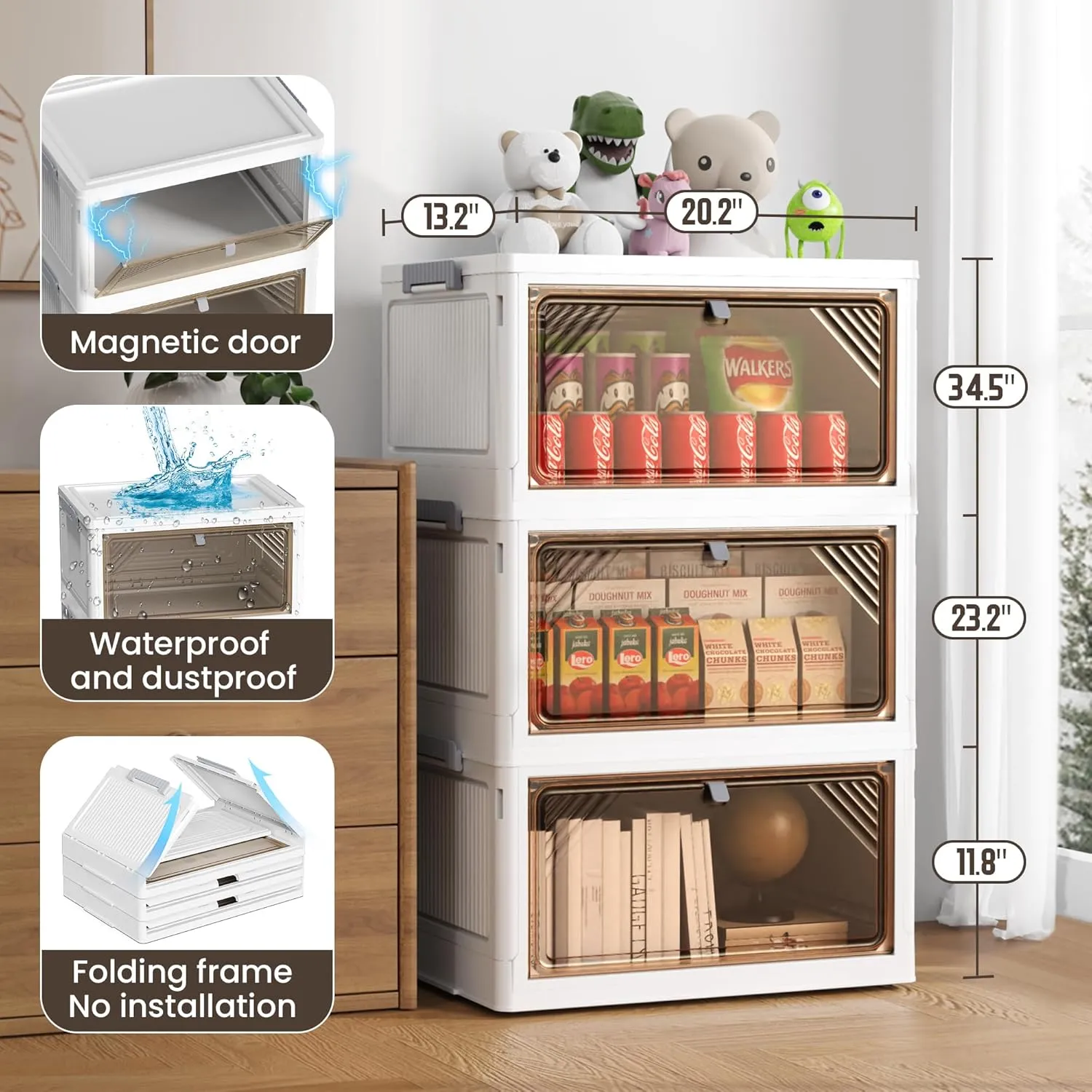 144 Quart 3 Tier Plastic Storage Bins with Lid - Foldable Stackable Storage Bins with Doors - Closet Organizers and Storage - Plastic Drawer Storage for Bedroom StudToy Room Office（48QT×3）