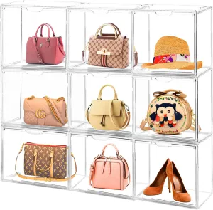 15Pack Purse Organizer for Closet Clear Acrylic Display Case Handbag Storage Organizer Box with Magnetic Door Stackable Storage Bins with Dustproof Lid for Book Toys Shoes Cosmetic Collectibles