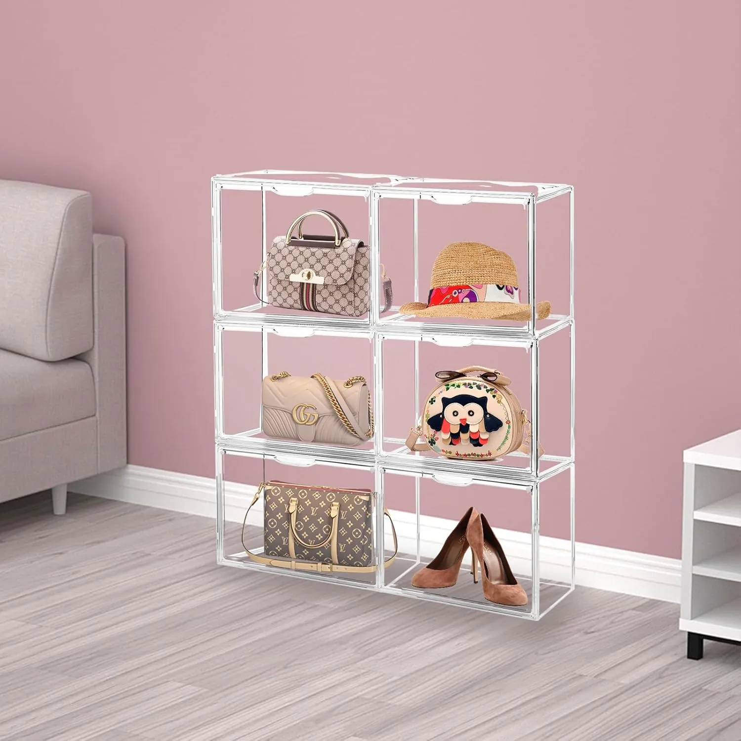 15Pack Purse Organizer for Closet Clear Acrylic Display Case Handbag Storage Organizer Box with Magnetic Door Stackable Storage Bins with Dustproof Lid for Book Toys Shoes Cosmetic Collectibles