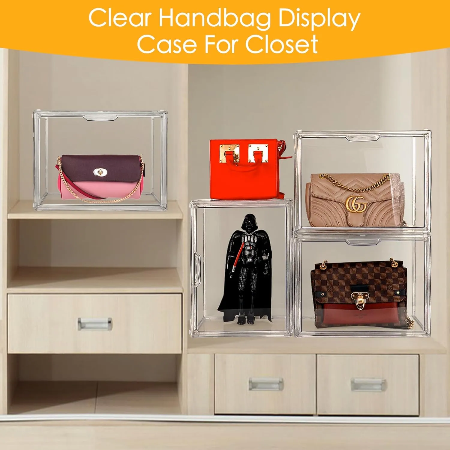 15Pack Purse Organizer for Closet Clear Acrylic Display Case Handbag Storage Organizer Box with Magnetic Door Stackable Storage Bins with Dustproof Lid for Book Toys Shoes Cosmetic Collectibles