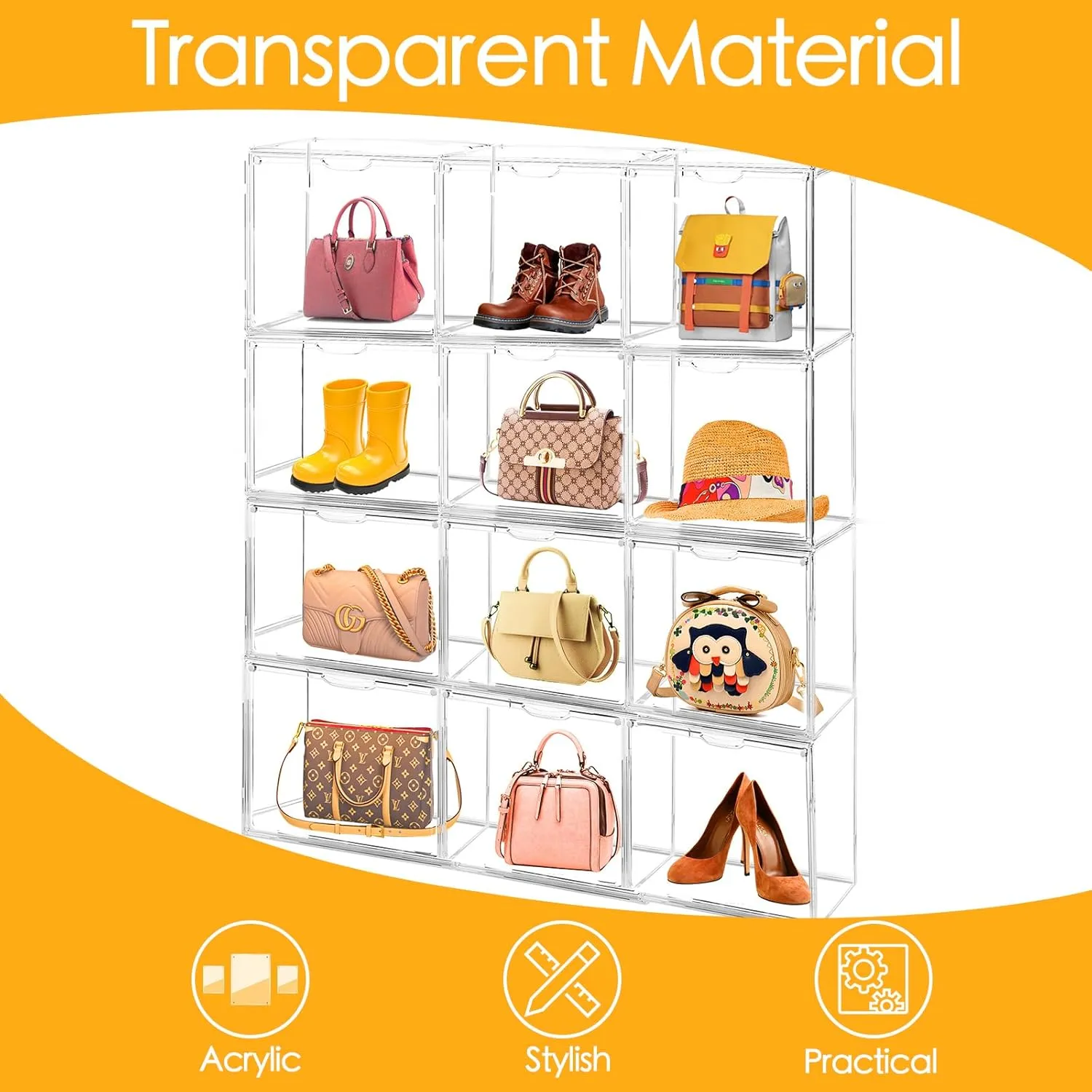 15Pack Purse Organizer for Closet Clear Acrylic Display Case Handbag Storage Organizer Box with Magnetic Door Stackable Storage Bins with Dustproof Lid for Book Toys Shoes Cosmetic Collectibles