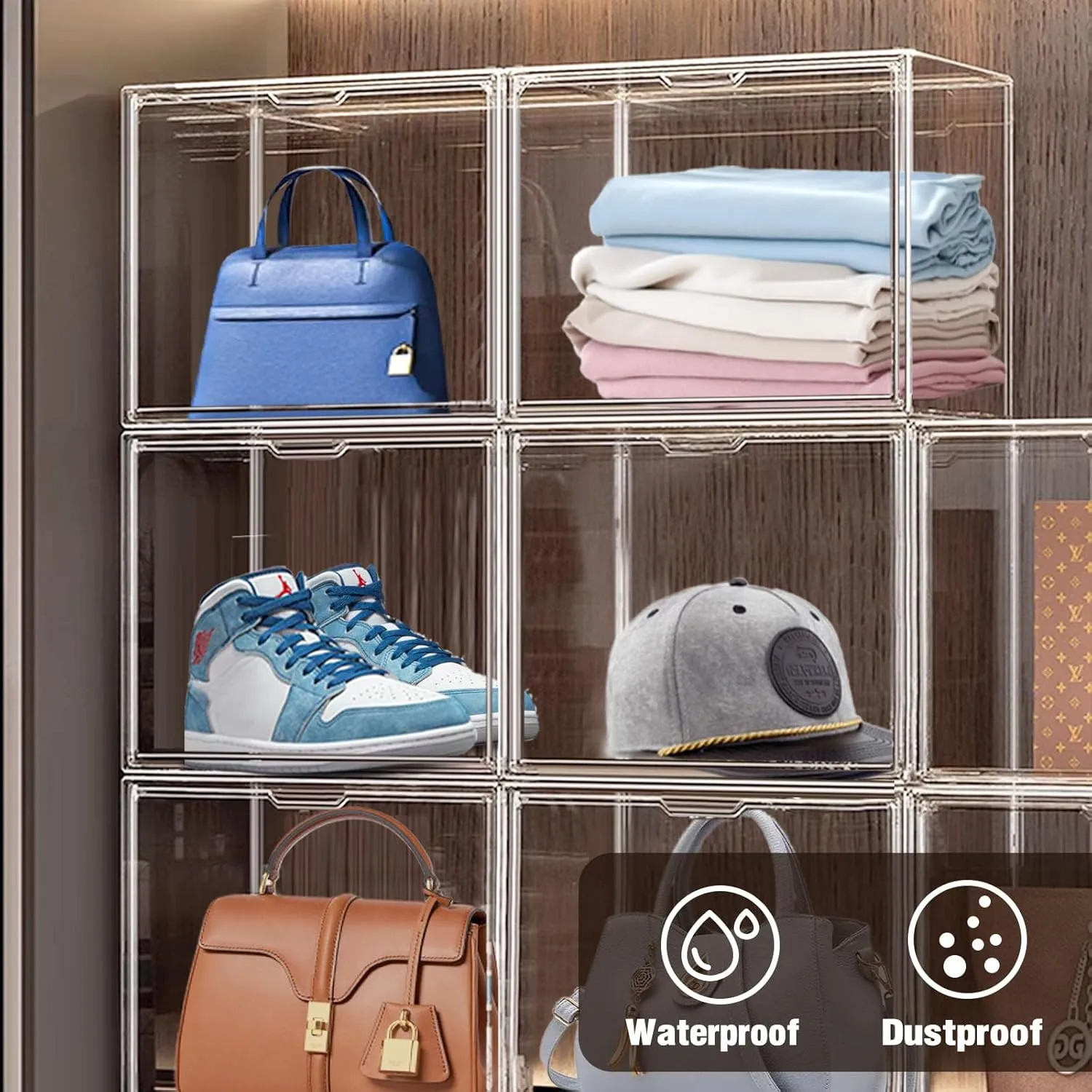 1Pack Closet Organizers and Storage, Acrylic Display Case for Handbag and Purse Clear Plastic Bag Storage Box with Magnetic Lid for Handbag, Book, Hat, Shoes