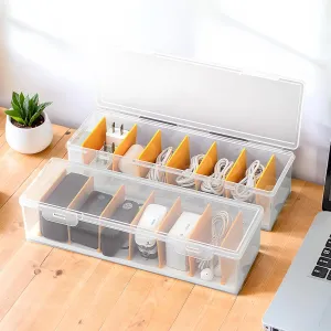 2 Pack Clear Cable Organizer Box with Lid, Plastic Charger Cable Cord Storage Organizer, Office Desk Organizers, Multifunctional Accessories Storage for Home Drawer Office, Stackable