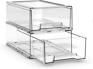 2 Pack Plastic Drawer Storage, Clear Stackable Storage Drawers Large Storage Bins with Drawers, Acrylic Drawer Organizer for Office Supplies, Desktop, Craft, Pantry, Shelves, Bathroom, Under Sink
