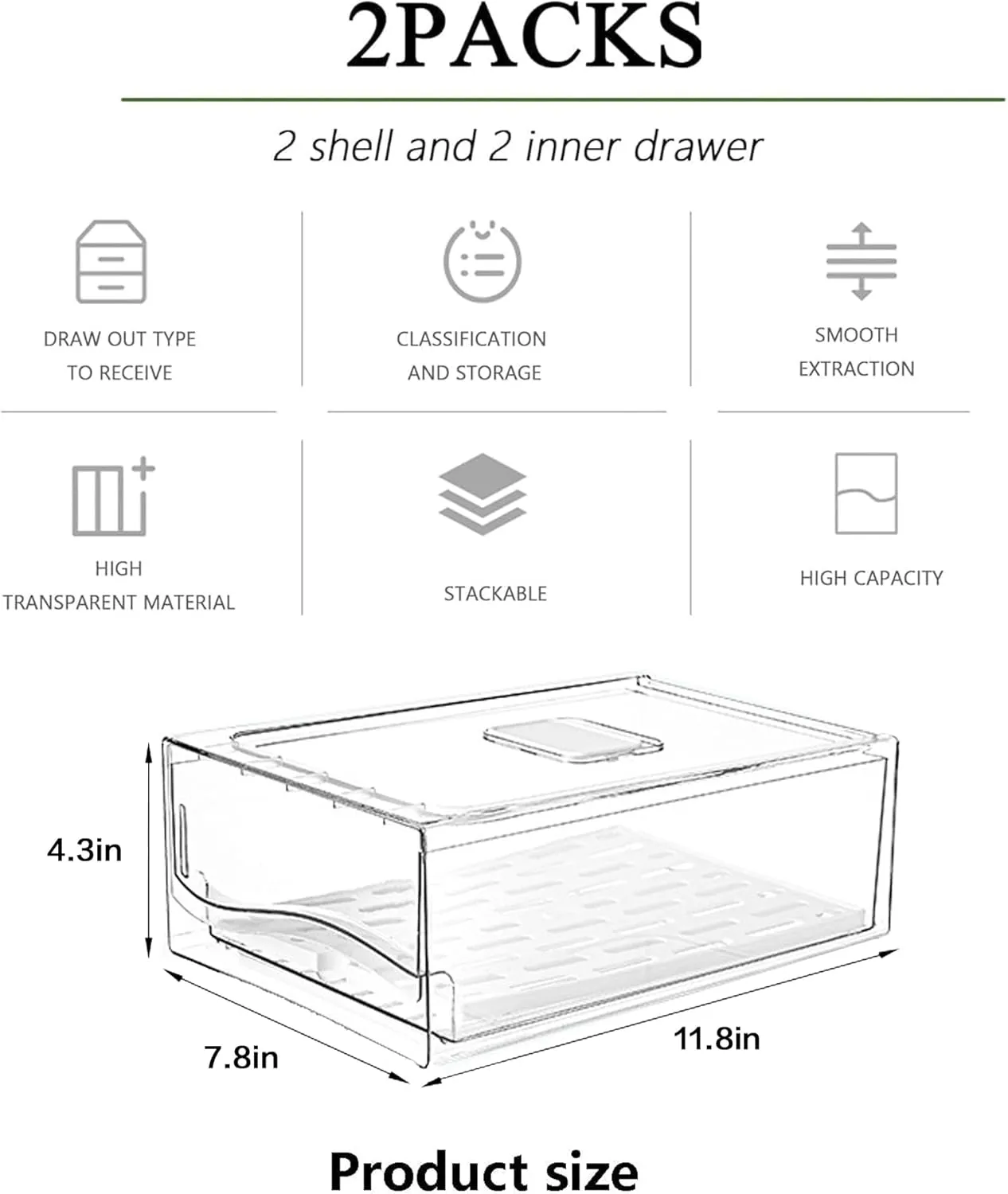 2 Pack Refrigerator Organizers and Storage with Drain Board, Stackable Fridge Organizer Clear for Produce Fruit Food, Drinks, Meat,Vegetable Storage in Barbecue Shop, Restaurant,,BPA Free