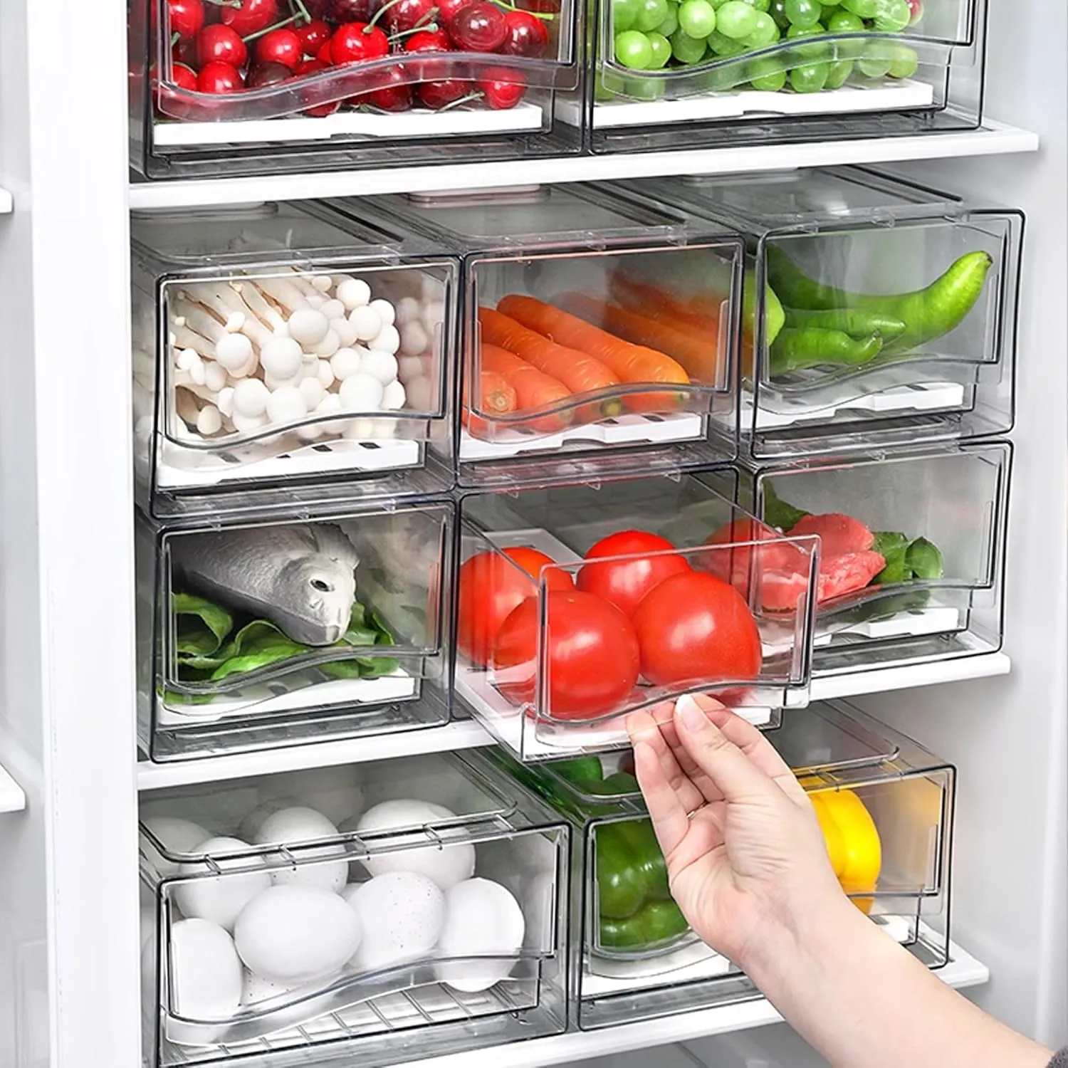 2 Pack Refrigerator Organizers and Storage with Drain Board, Stackable Fridge Organizer Clear for Produce Fruit Food, Drinks, Meat,Vegetable Storage in Barbecue Shop, Restaurant,,BPA Free