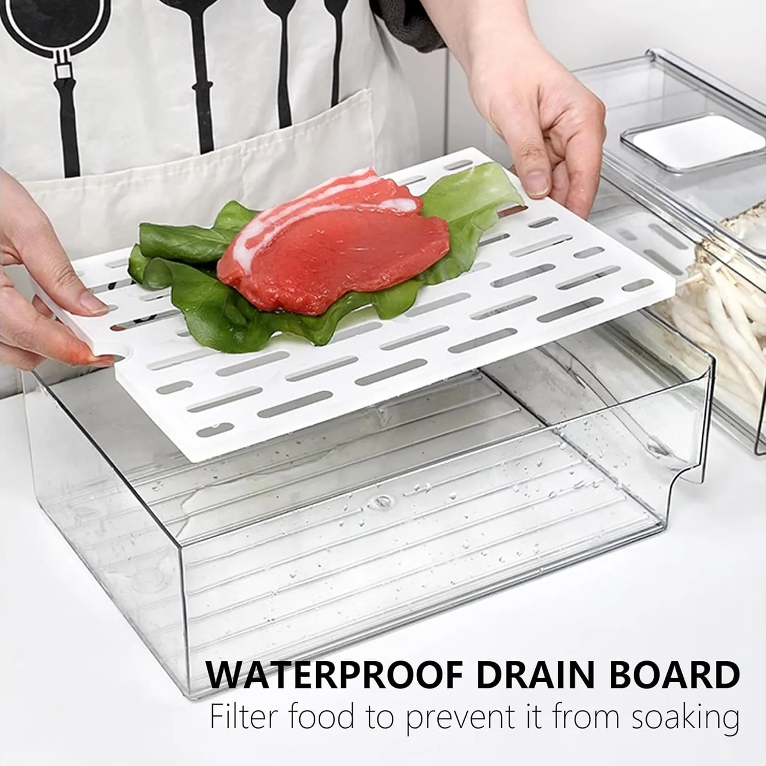 2 Pack Refrigerator Organizers and Storage with Drain Board, Stackable Fridge Organizer Clear for Produce Fruit Food, Drinks, Meat,Vegetable Storage in Barbecue Shop, Restaurant,,BPA Free