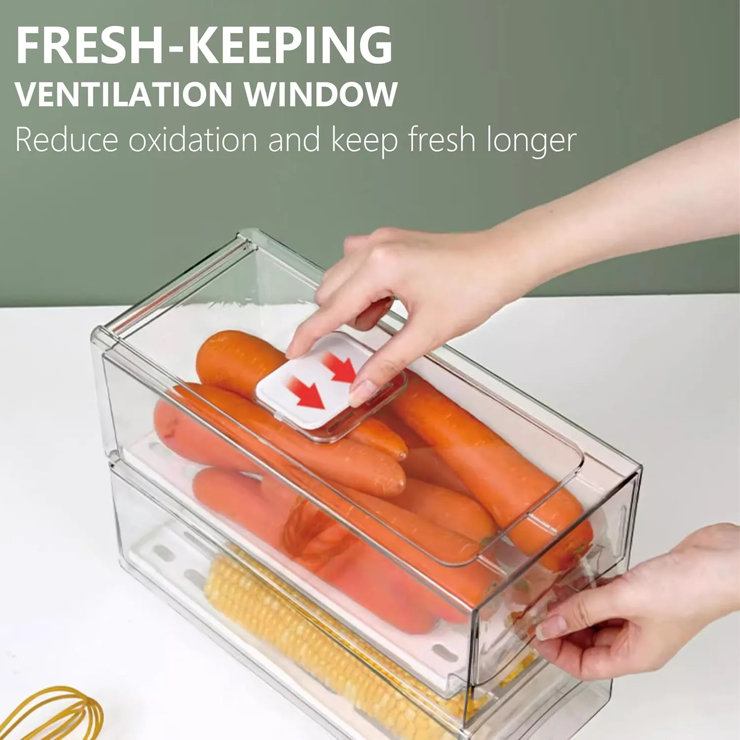 2 Pack Refrigerator Organizers and Storage with Drain Board, Stackable Fridge Organizer Clear for Produce Fruit Food, Drinks, Meat,Vegetable Storage in Barbecue Shop, Restaurant,,BPA Free