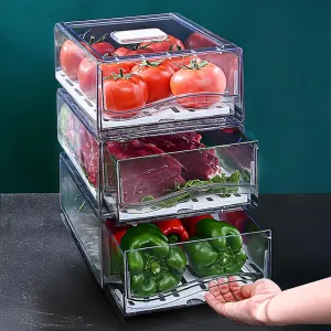 2 Pack Refrigerator Organizers and Storage with Drain Board, Stackable Fridge Organizer Clear for Produce Fruit Food, Drinks, Meat,Vegetable Storage in Barbecue Shop, Restaurant,,BPA Free
