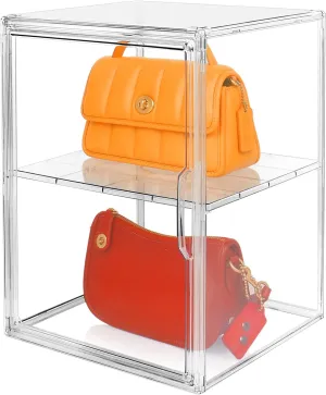2 Pack XX-Large Clear Stackable Storage Bins with Magnetic Lid Handbag Display Case for Closet 2-Tier Acrylic Purse Organizer Dustproof Luxury Bag Container Box for Cosmetics Figures Makeup