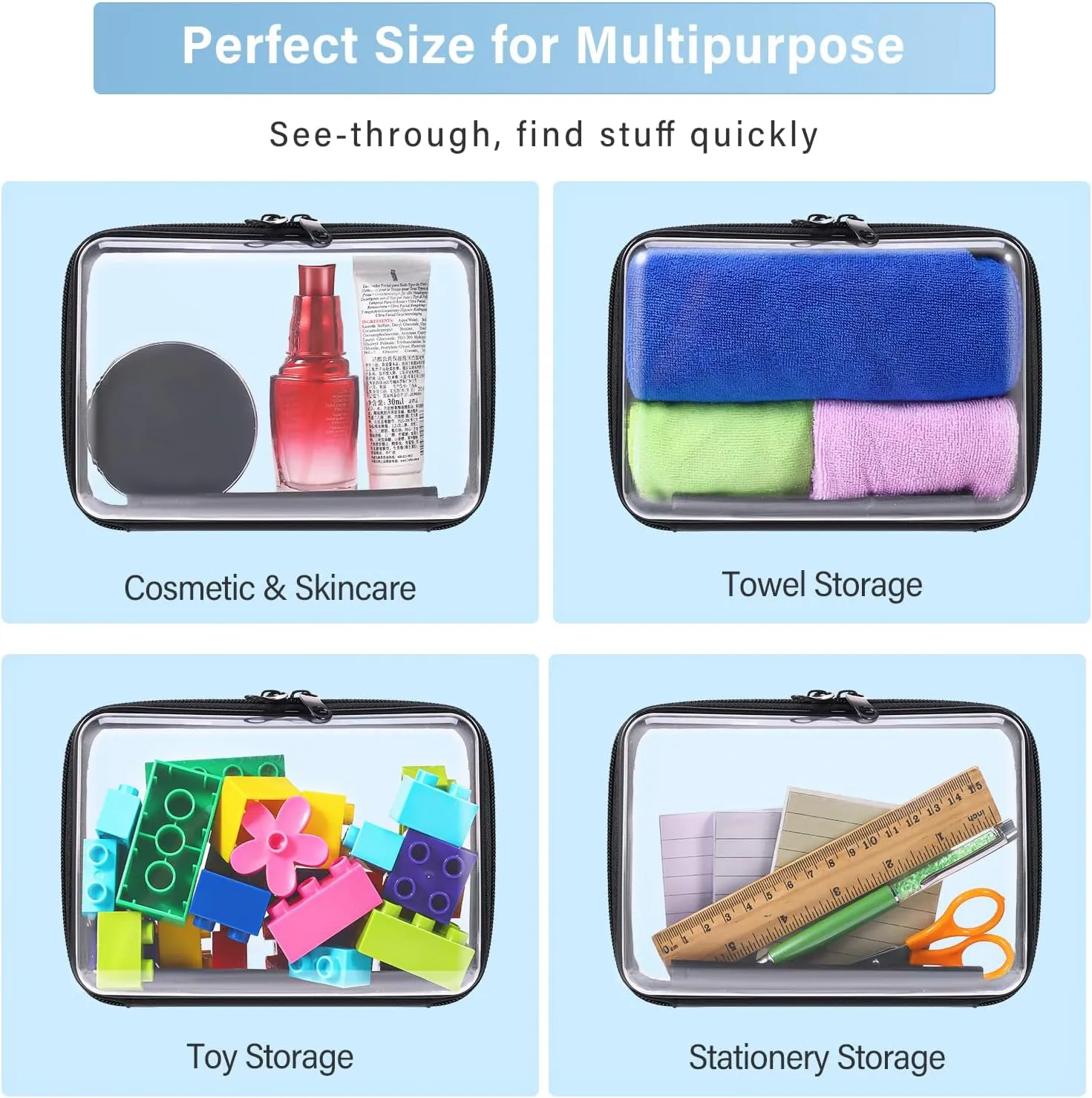 2 Pack Zippered Hard Pouch, Clear Plastic Storage Box Containers Small Toiletry Bag, Clear Hard Shell Zipper Case for Small Items, Cosmetics, Toys, Building Blocks, Puzzles, Stationery Accessories