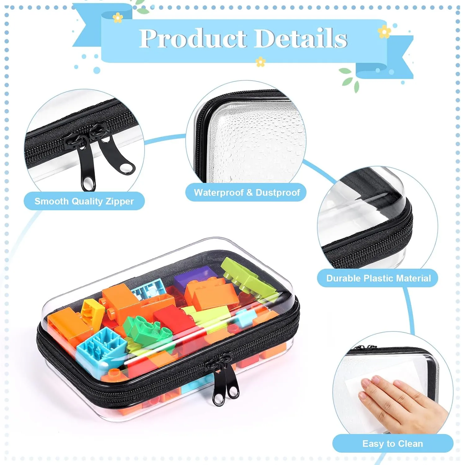 2 Pack Zippered Hard Pouch, Clear Plastic Storage Box Containers Small Toiletry Bag, Clear Hard Shell Zipper Case for Small Items, Cosmetics, Toys, Building Blocks, Puzzles, Stationery Accessories