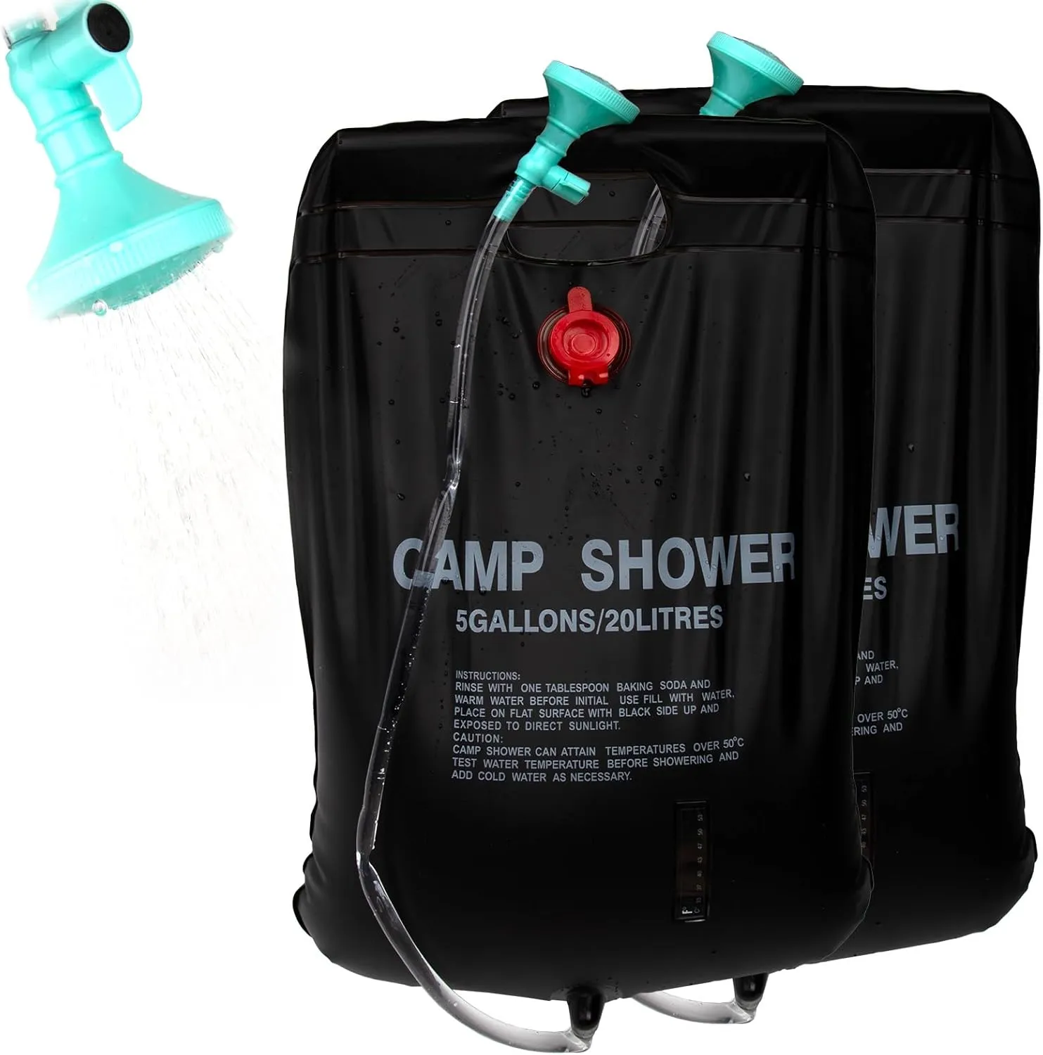 2 PCS Solar Shower Bag, 5Gallons/20L, Digital Thermometer, Portable Camping Shower Bag with Removable Hose, On-Off Switchable Shower Head for Camping Beach Swimming Outdoor Traveling Hiking