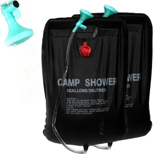 2 PCS Solar Shower Bag, 5Gallons/20L, Digital Thermometer, Portable Camping Shower Bag with Removable Hose, On-Off Switchable Shower Head for Camping Beach Swimming Outdoor Traveling Hiking