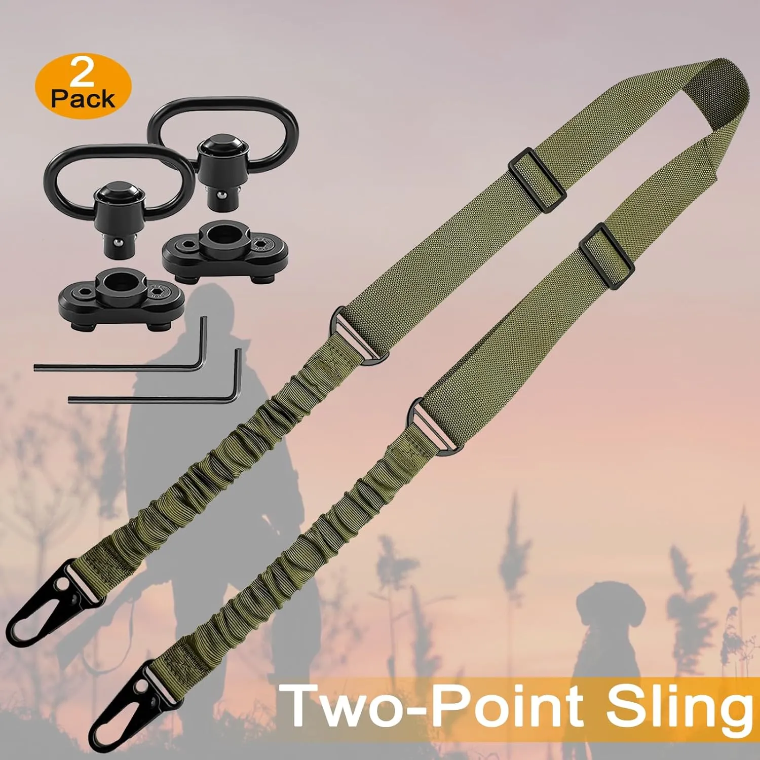 2 Point QD Rifle Sling with QD Swivels Mounts, Traditional Two-Point All Metal Hardware Elastic Sling, Adjustable Extra Long Webbing Gun Sling