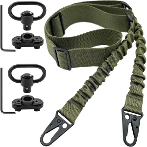 2 Point QD Rifle Sling with QD Swivels Mounts, Traditional Two-Point All Metal Hardware Elastic Sling, Adjustable Extra Long Webbing Gun Sling