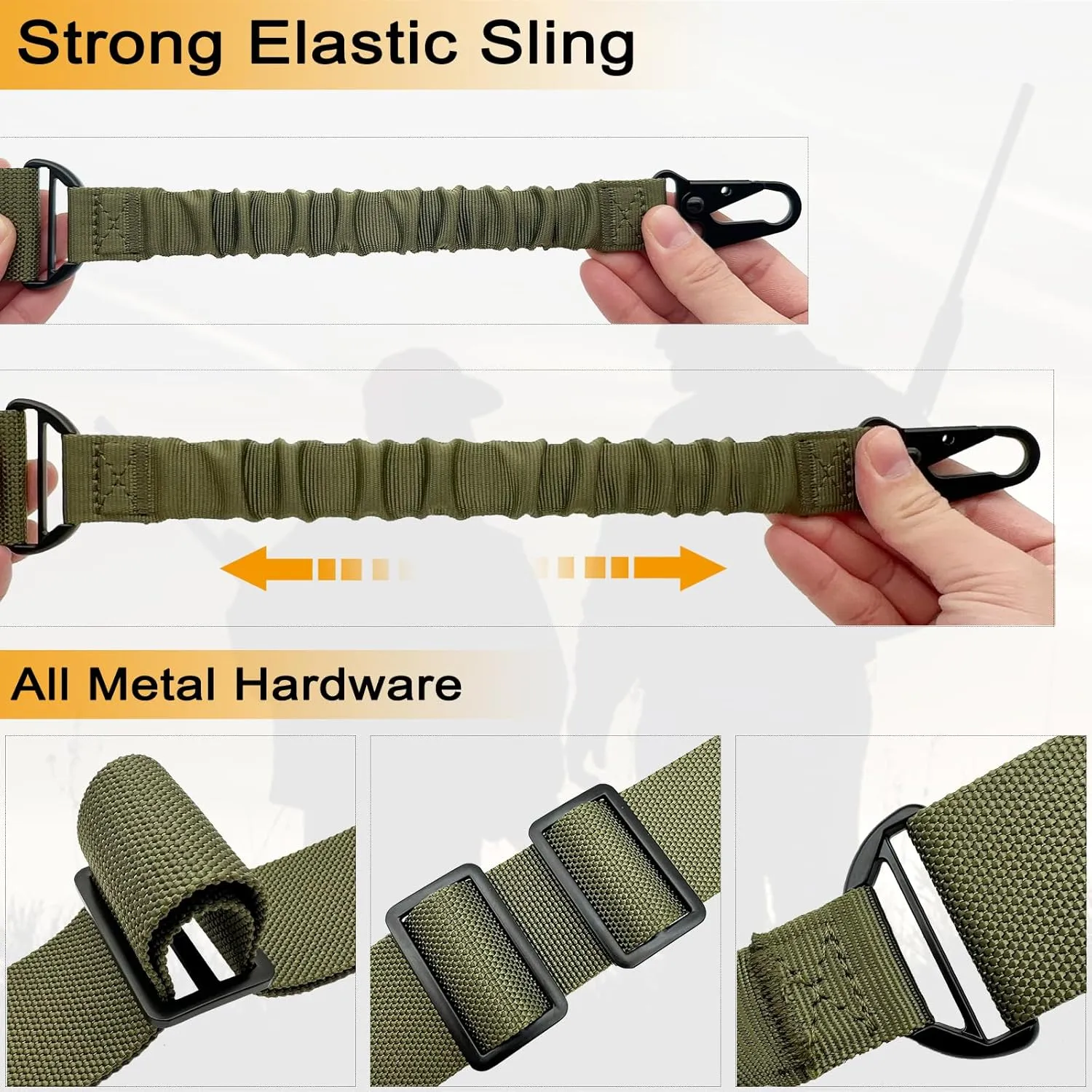 2 Point QD Rifle Sling with QD Swivels Mounts, Traditional Two-Point All Metal Hardware Elastic Sling, Adjustable Extra Long Webbing Gun Sling