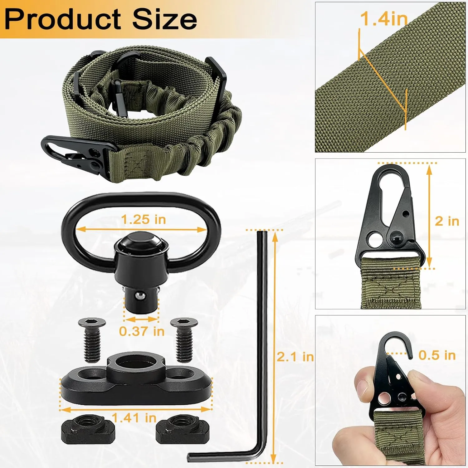 2 Point QD Rifle Sling with QD Swivels Mounts, Traditional Two-Point All Metal Hardware Elastic Sling, Adjustable Extra Long Webbing Gun Sling