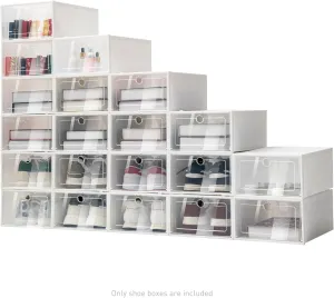 20 Pack X-Large Shoe Storage Boxes Organizers, Clear Plastic Stackable Shoe Organizer with Lid, for Entryway, Closet, Under Bed, White
