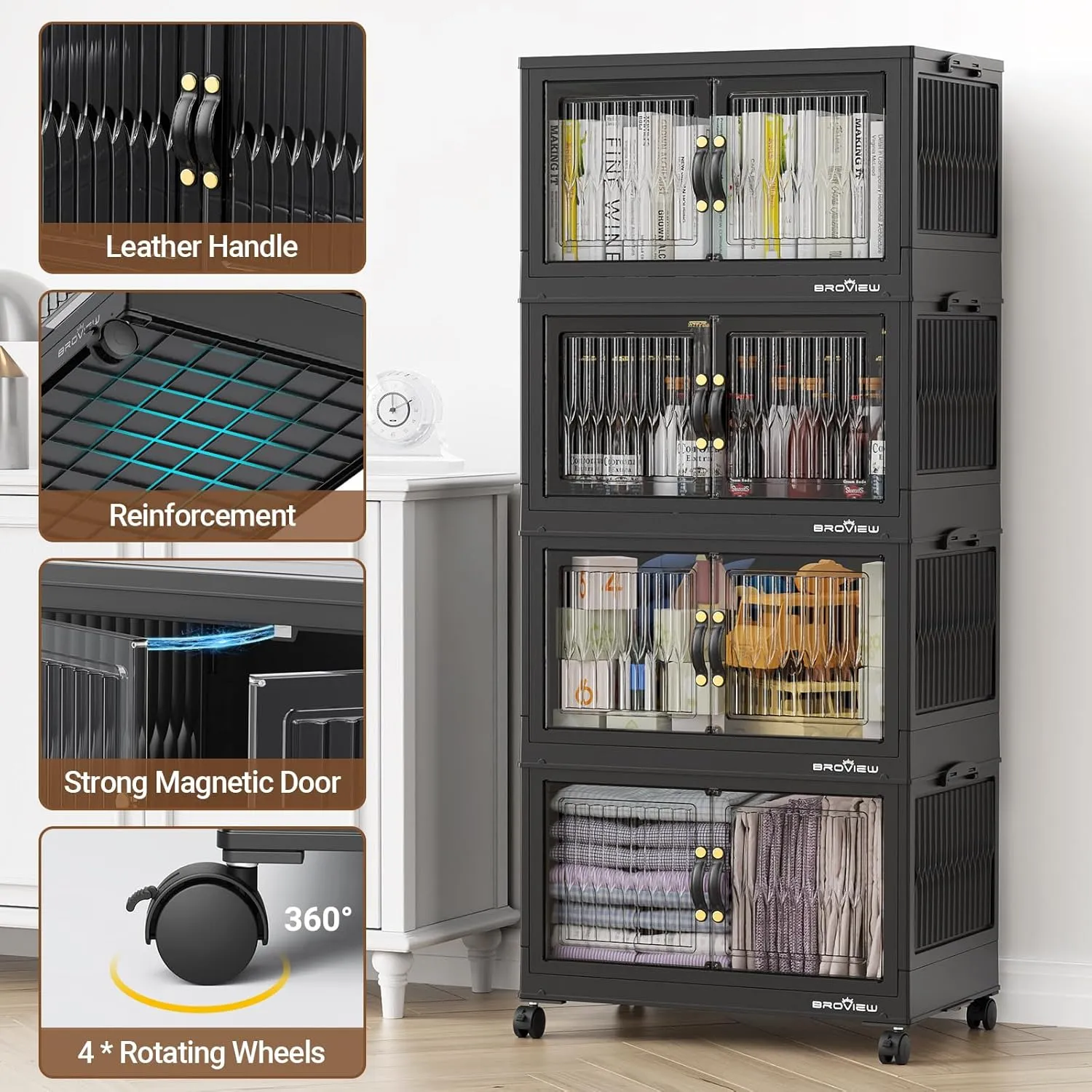 240Qt Stackable Storage Bins with Lid, Closet Organizer and Storage Drawer, Collapsible Storage Box with Wheels, Plastic Clothes Storage Cabinet Containers for Home Organization, 3Pack Black