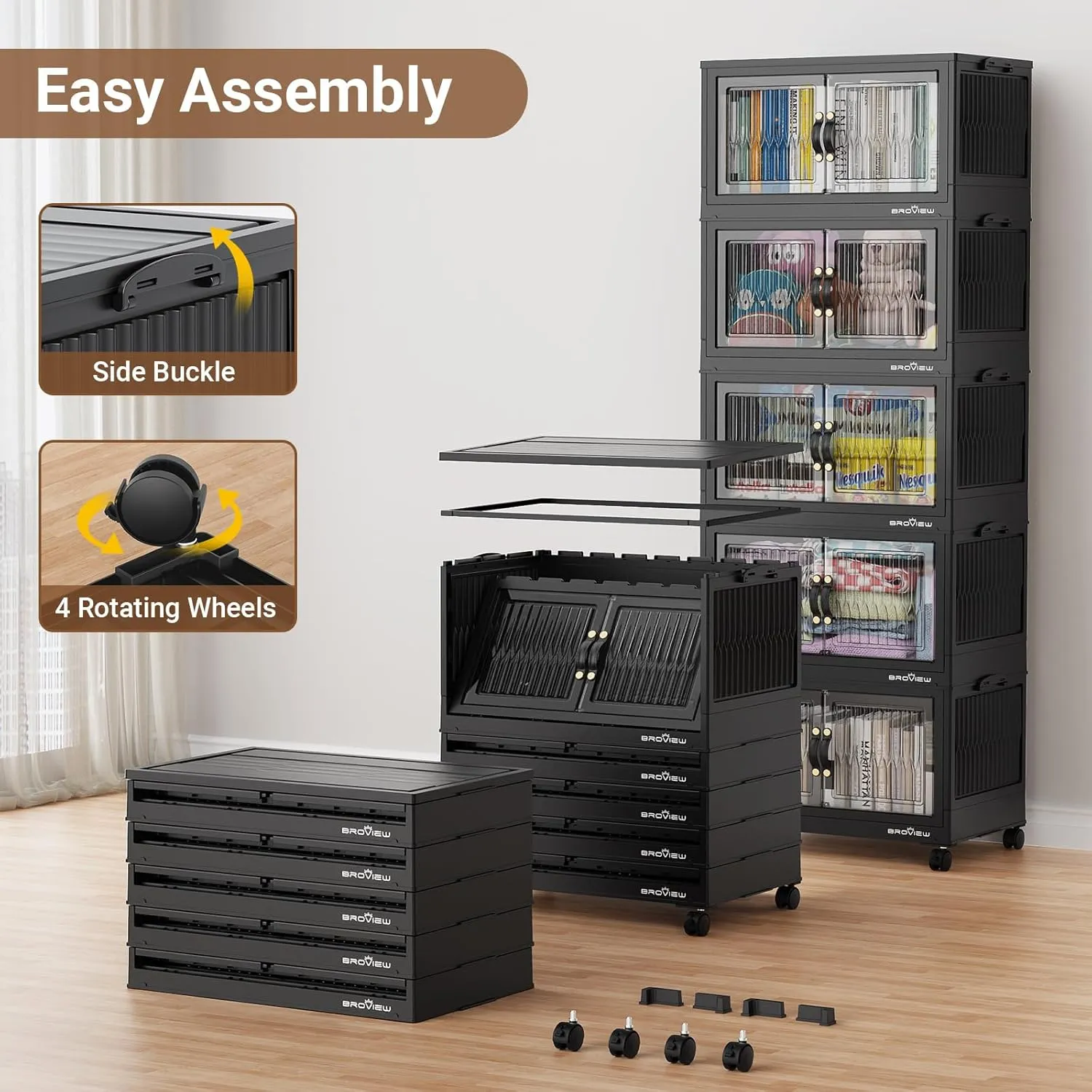 240Qt Stackable Storage Bins with Lid, Closet Organizer and Storage Drawer, Collapsible Storage Box with Wheels, Plastic Clothes Storage Cabinet Containers for Home Organization, 3Pack Black