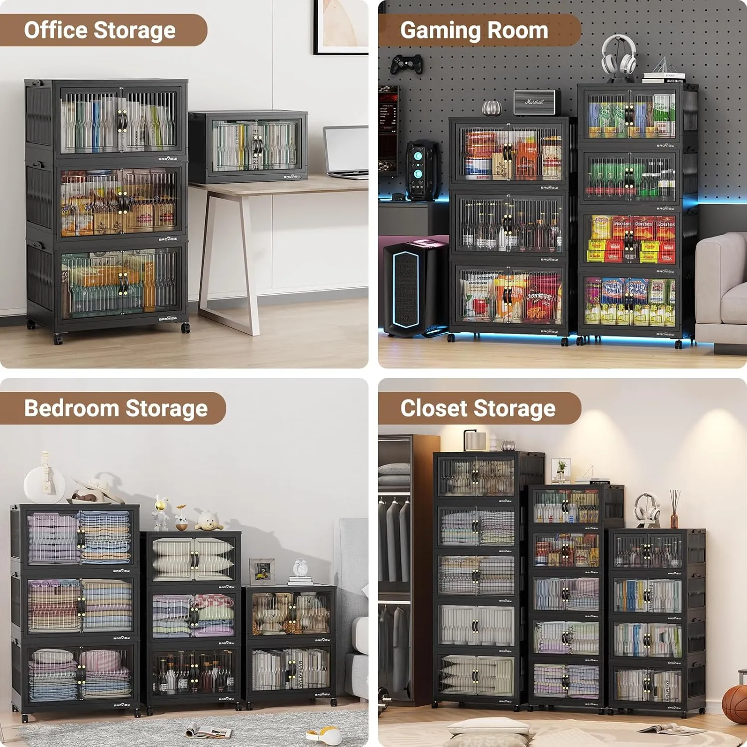 240Qt Stackable Storage Bins with Lid, Closet Organizer and Storage Drawer, Collapsible Storage Box with Wheels, Plastic Clothes Storage Cabinet Containers for Home Organization, 3Pack Black