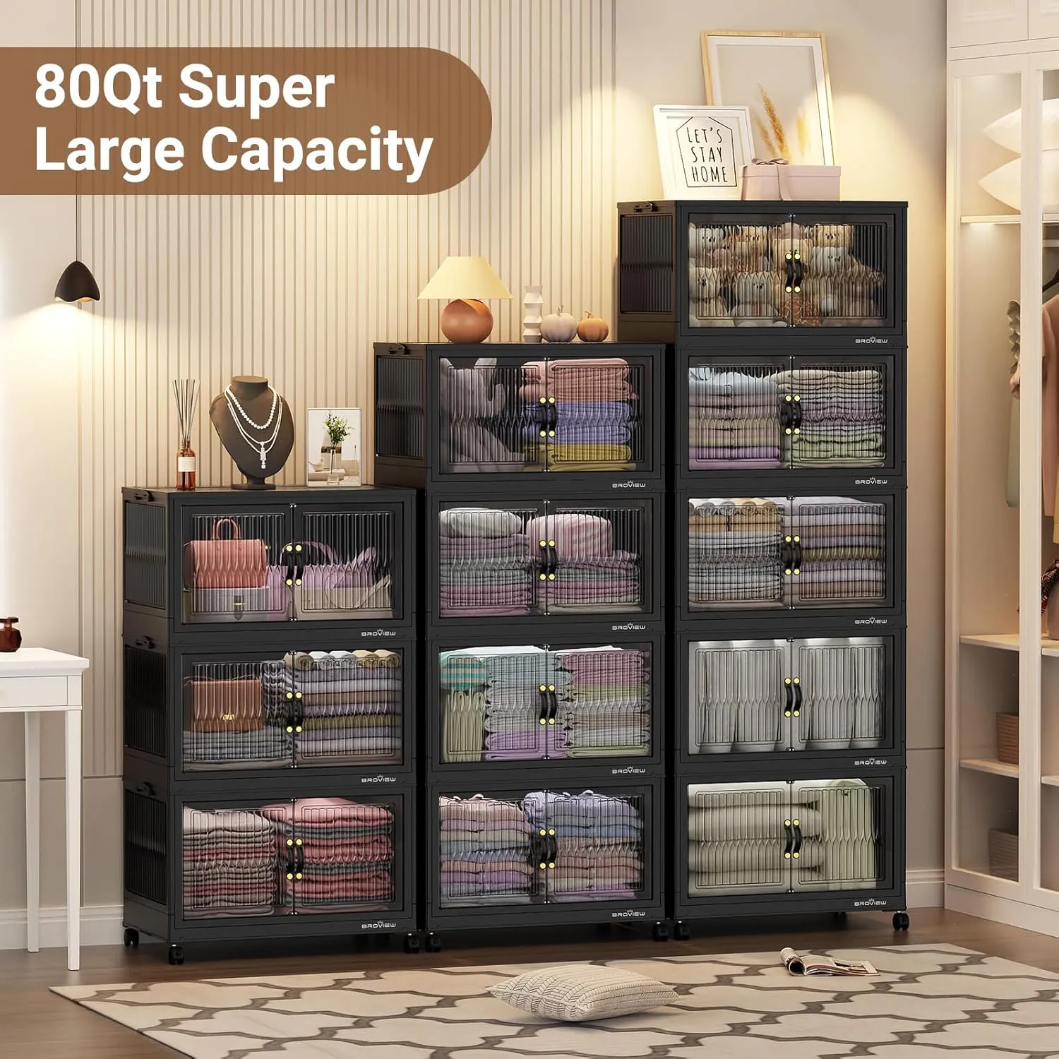 240Qt Stackable Storage Bins with Lid, Closet Organizer and Storage Drawer, Collapsible Storage Box with Wheels, Plastic Clothes Storage Cabinet Containers for Home Organization, 3Pack Black
