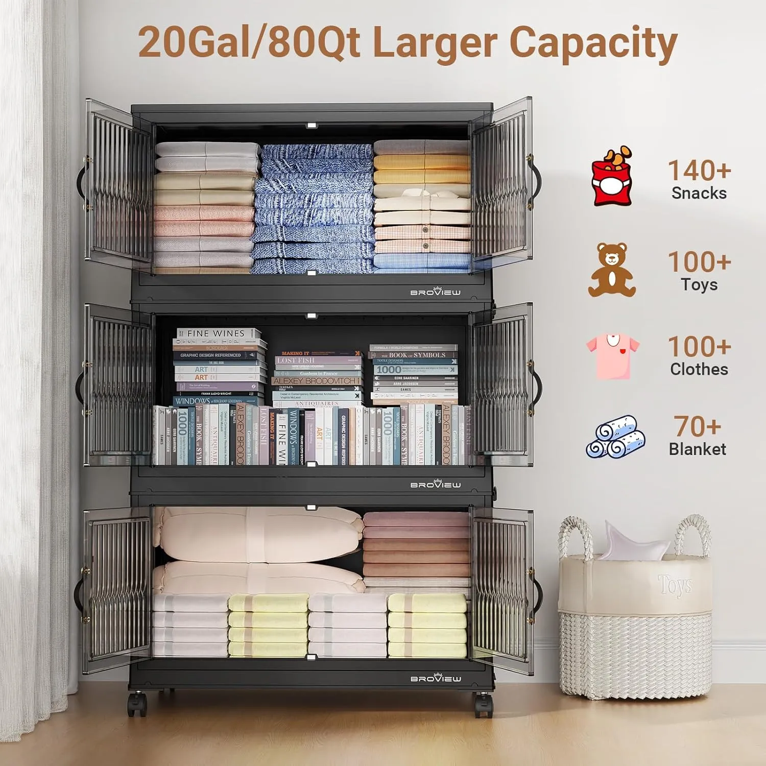 240Qt Stackable Storage Bins with Lid, Closet Organizer and Storage Drawer, Collapsible Storage Box with Wheels, Plastic Clothes Storage Cabinet Containers for Home Organization, 3Pack Black