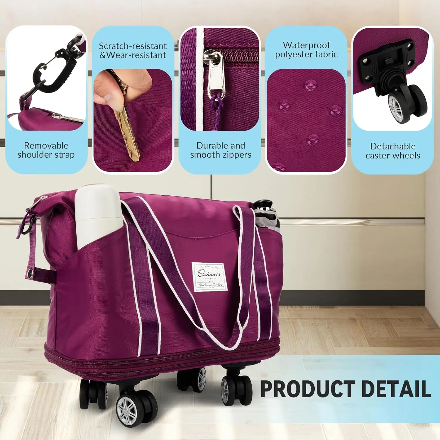25L-55L Expandable Foldable Duffle Bag, Rolling Duffle Bag with Detachable Wheels and Adjustable Shoulder Strap