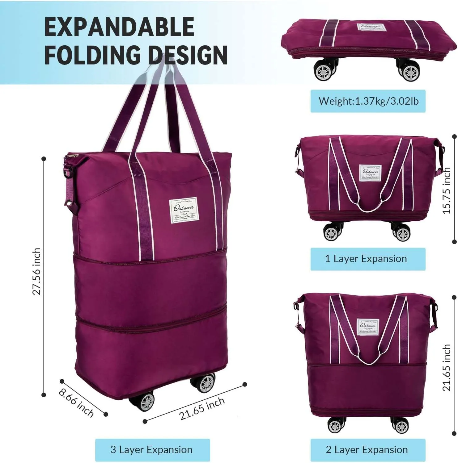 25L-55L Expandable Foldable Duffle Bag, Rolling Duffle Bag with Detachable Wheels and Adjustable Shoulder Strap